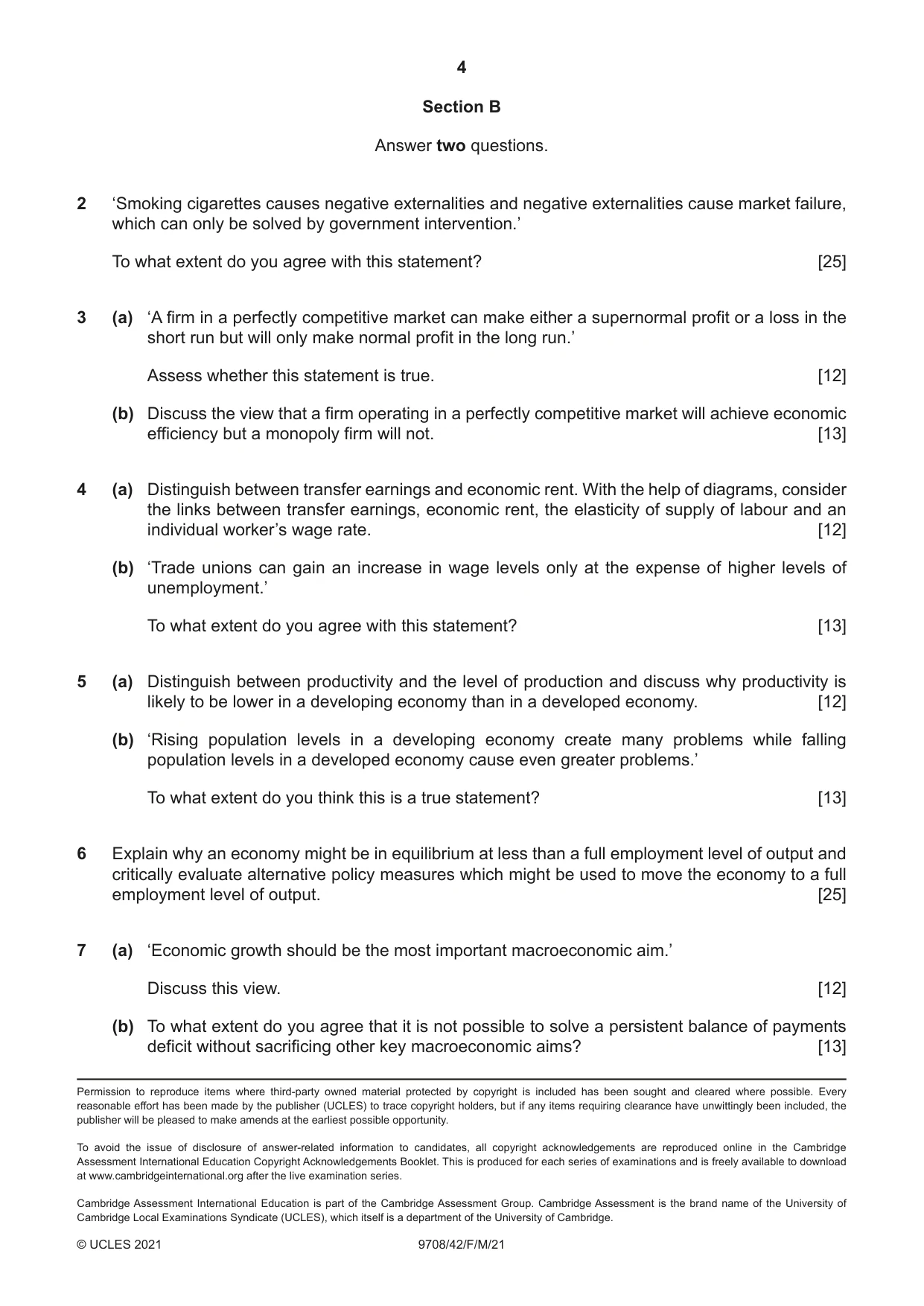 Cambridge A Level Economics 9708 2021 Feb/March Paper 4 · Variant 2 question paper, page 4 of 4