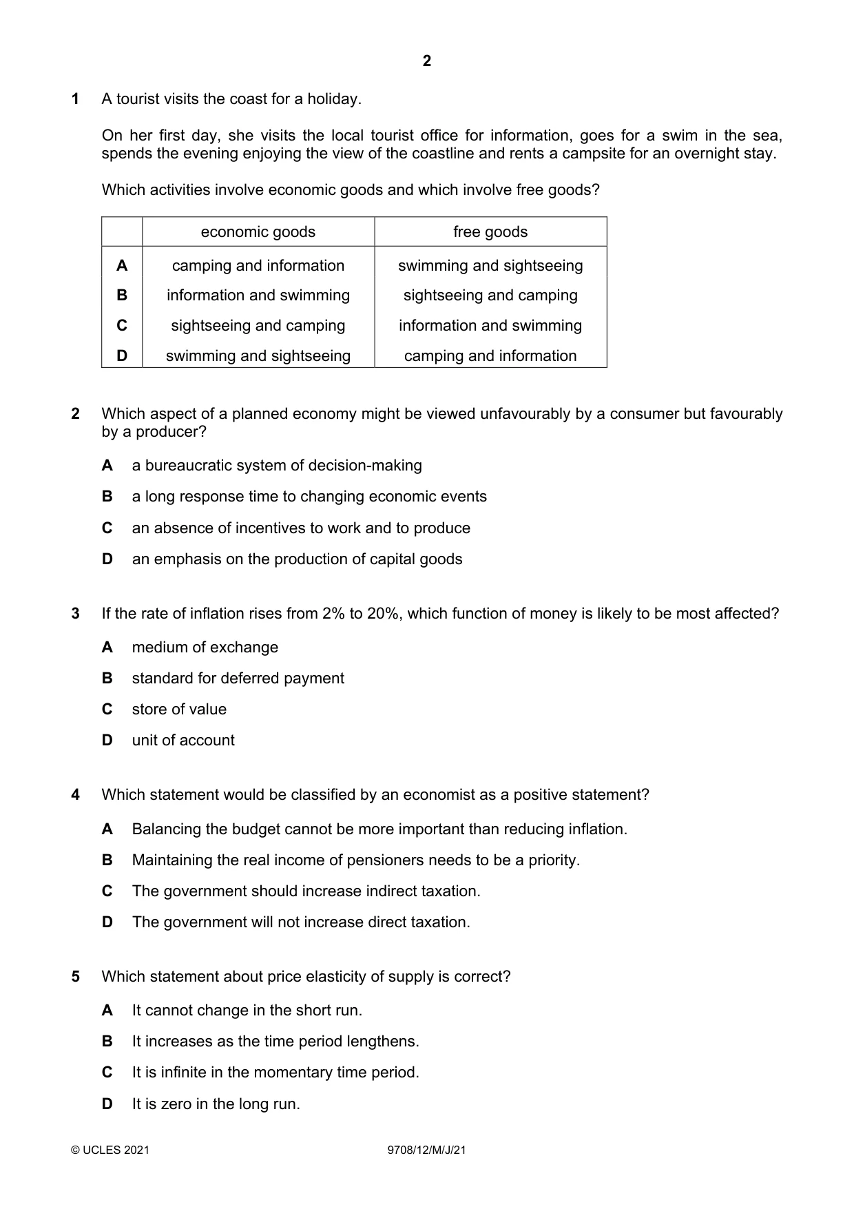 Cambridge A Level Economics 9708 2021 May/June Paper 1 · Variant 2 question paper, page 2 of 12