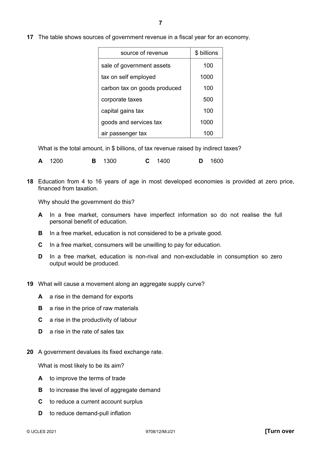 Cambridge A Level Economics 9708 2021 May/June Paper 1 · Variant 2 question paper, page 7 of 12