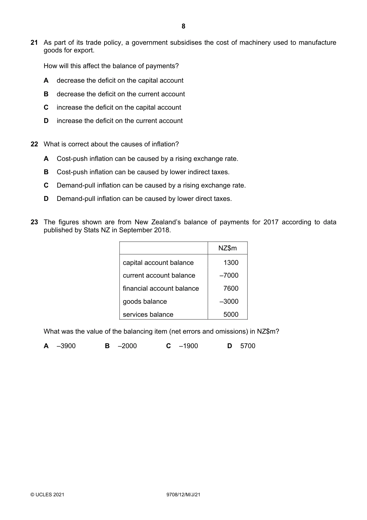 Cambridge A Level Economics 9708 2021 May/June Paper 1 · Variant 2 question paper, page 8 of 12