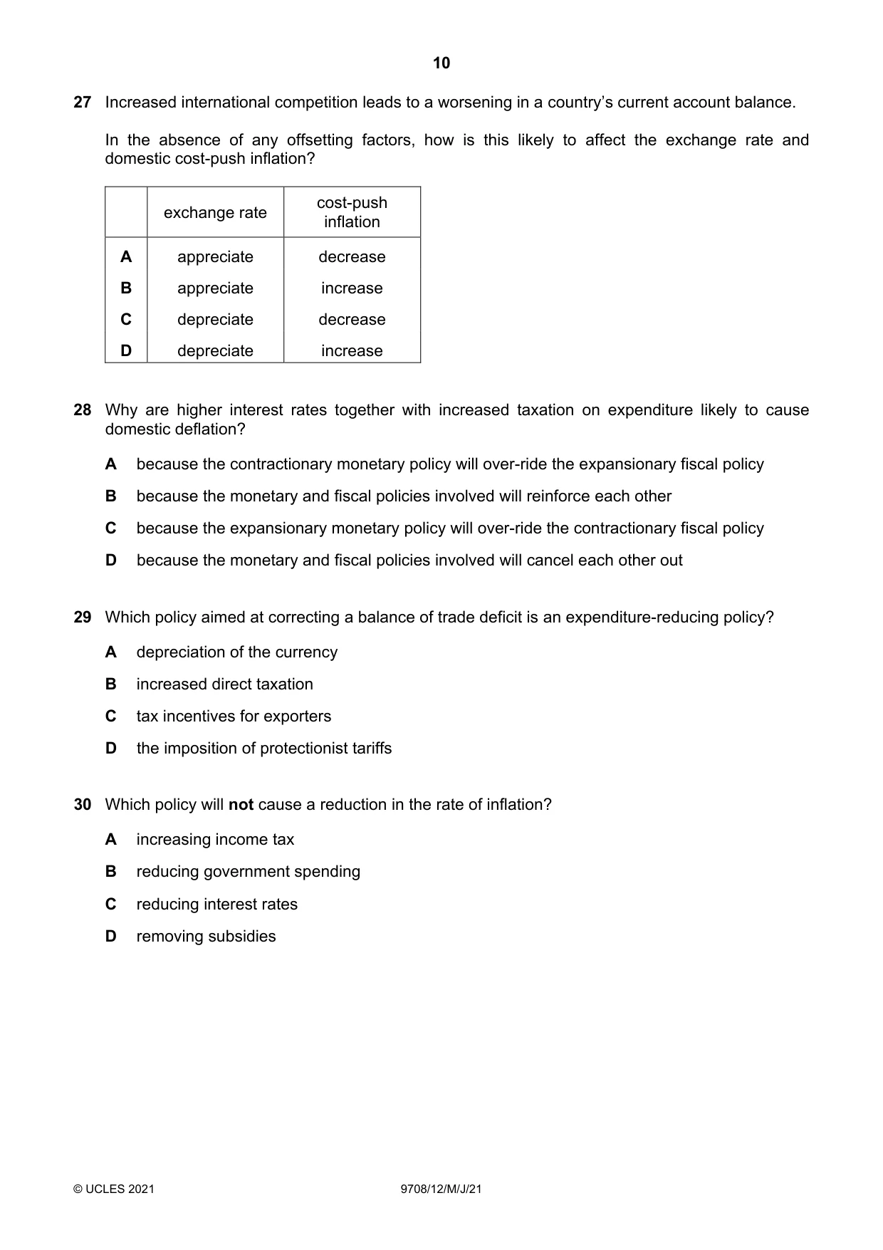 Cambridge A Level Economics 9708 2021 May/June Paper 1 · Variant 2 question paper, page 10 of 12