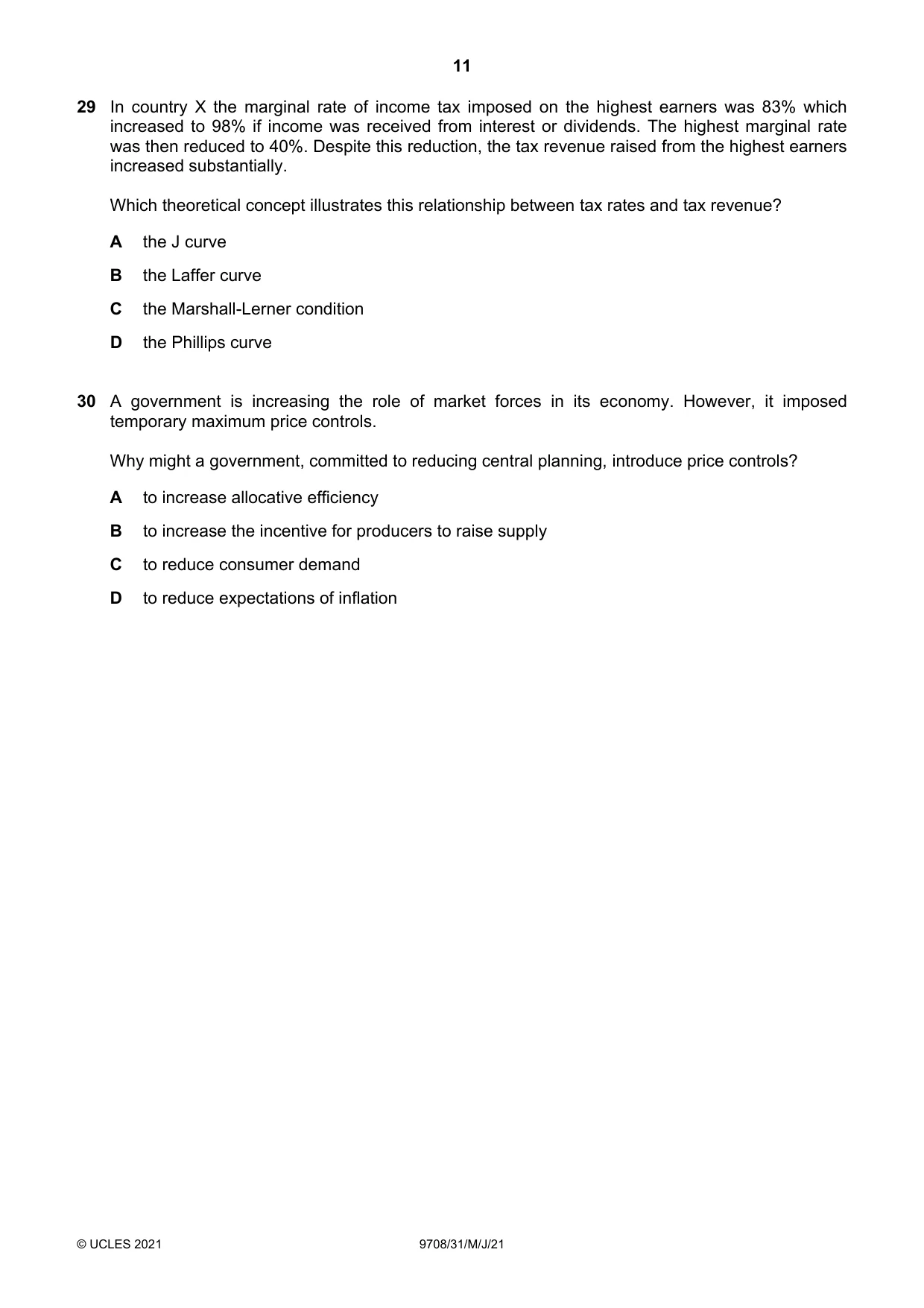 Cambridge A Level Economics 9708 2021 May/June Paper 3 · Variant 1 question paper, page 11 of 12
