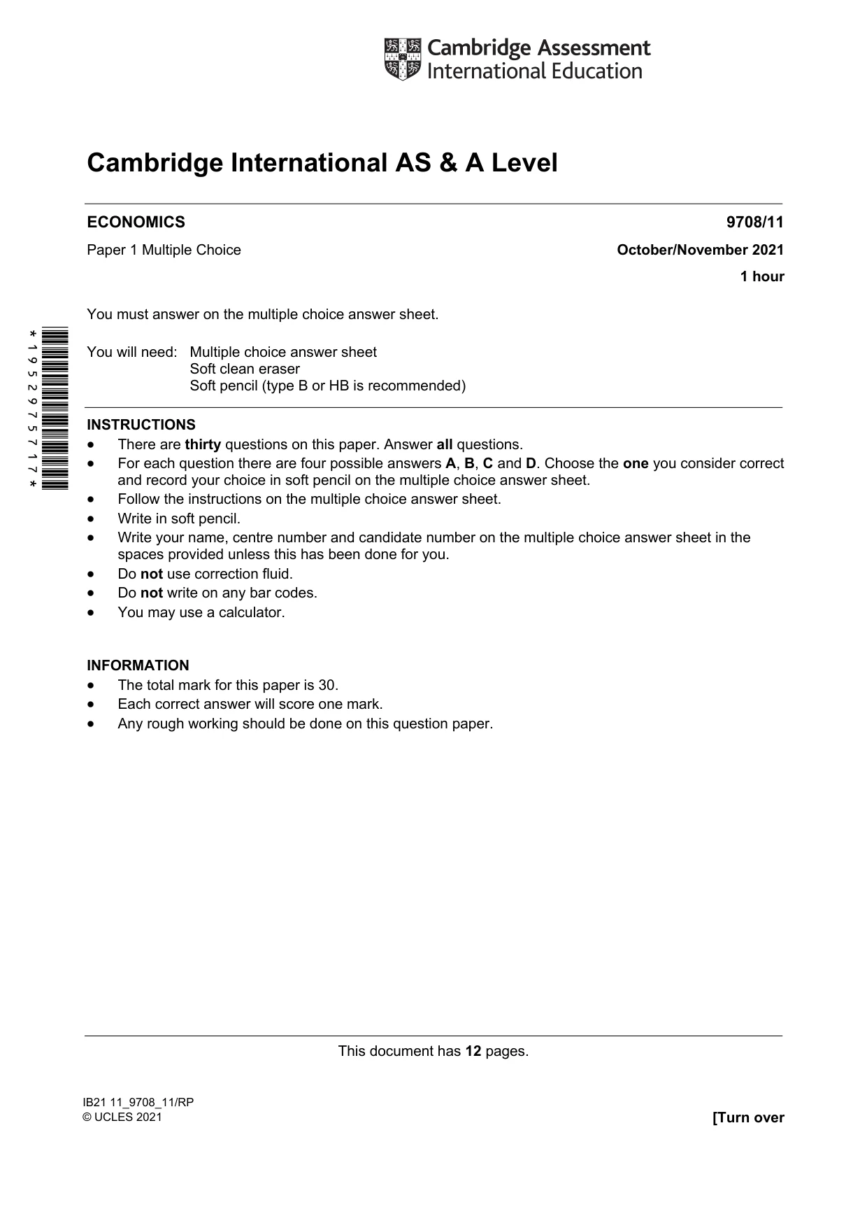 Cambridge A Level Economics 9708 2021 Oct/Nov Paper 1 · Variant 1 question paper, page 1 of 12