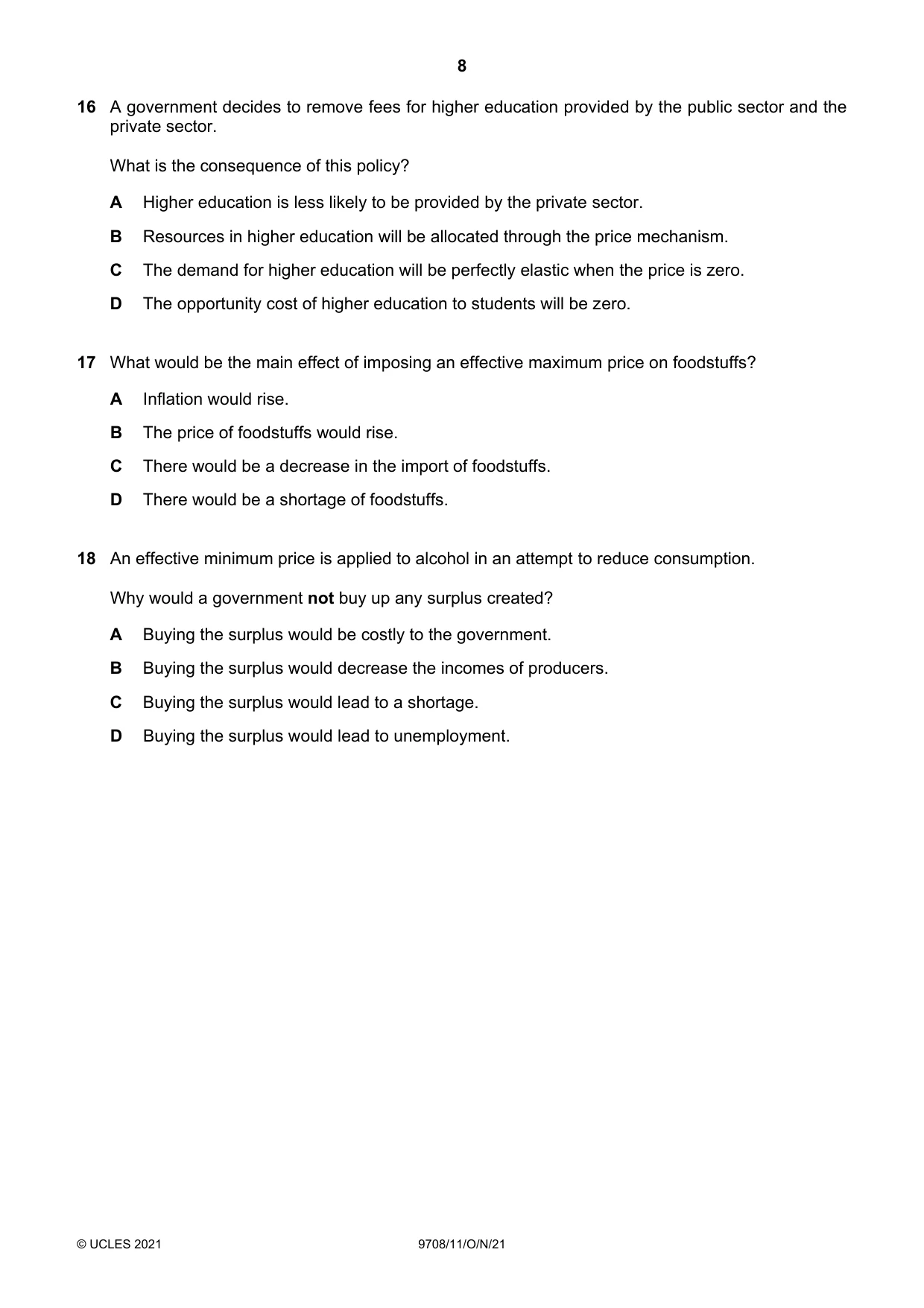Cambridge A Level Economics 9708 2021 Oct/Nov Paper 1 · Variant 1 question paper, page 8 of 12