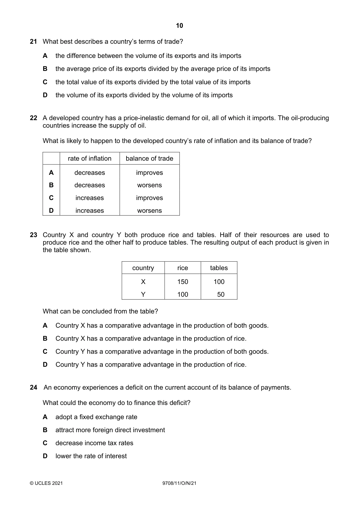 Cambridge A Level Economics 9708 2021 Oct/Nov Paper 1 · Variant 1 question paper, page 10 of 12