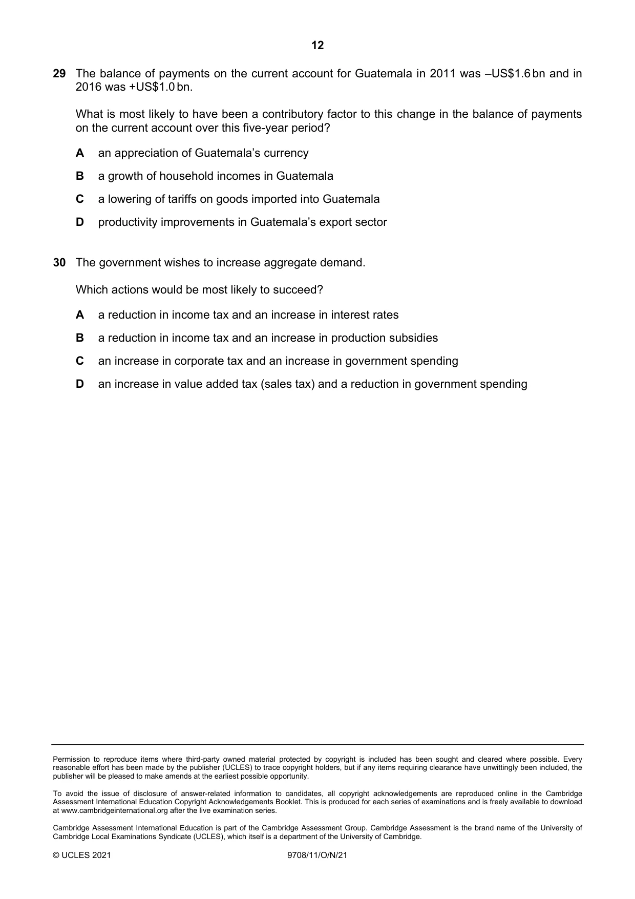 Cambridge A Level Economics 9708 2021 Oct/Nov Paper 1 · Variant 1 question paper, page 12 of 12