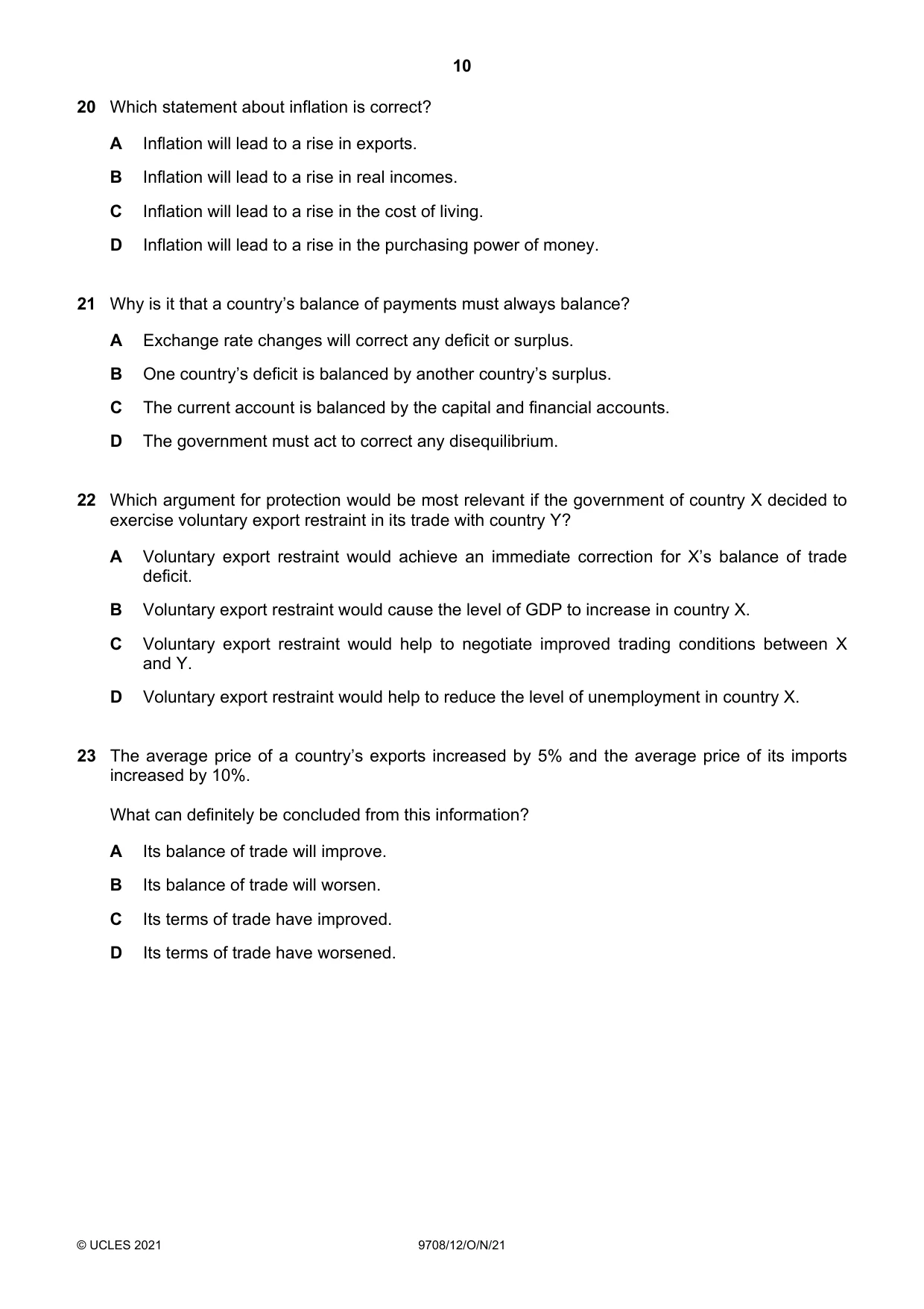 Cambridge A Level Economics 9708 2021 Oct/Nov Paper 1 · Variant 2 question paper, page 10 of 16