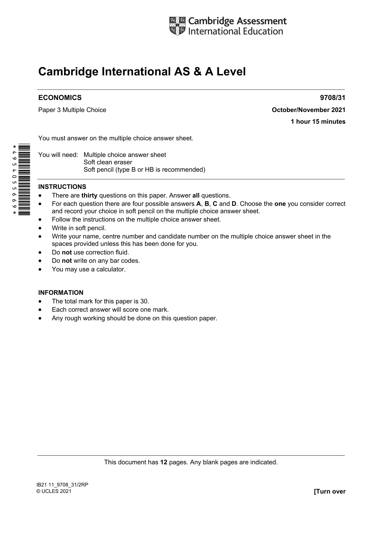 Cambridge A Level Economics 9708 2021 Oct/Nov Paper 3 · Variant 1 question paper, page 1 of 12