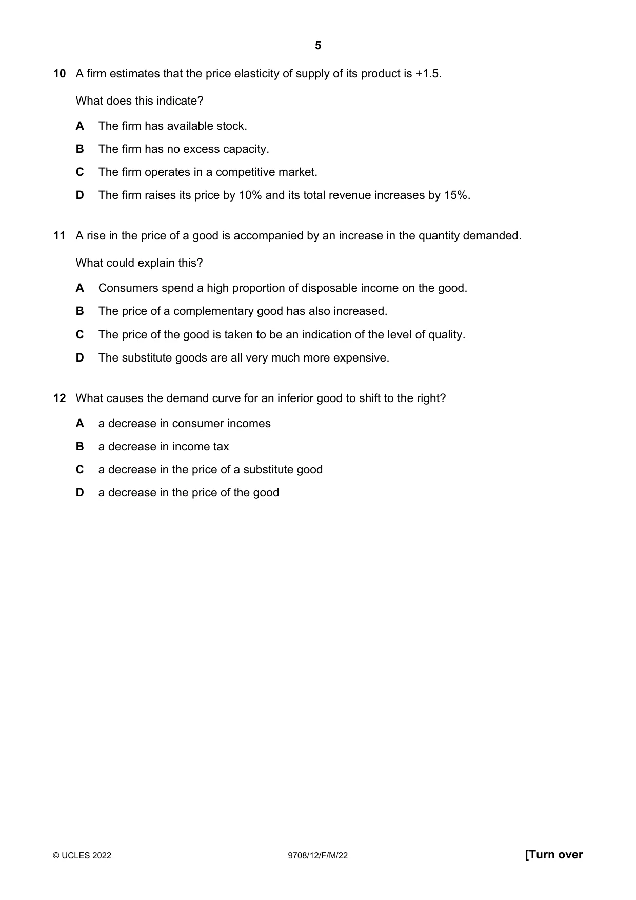 Cambridge A Level Economics 9708 2022 Feb/March Paper 1 · Variant 2 question paper, page 5 of 12