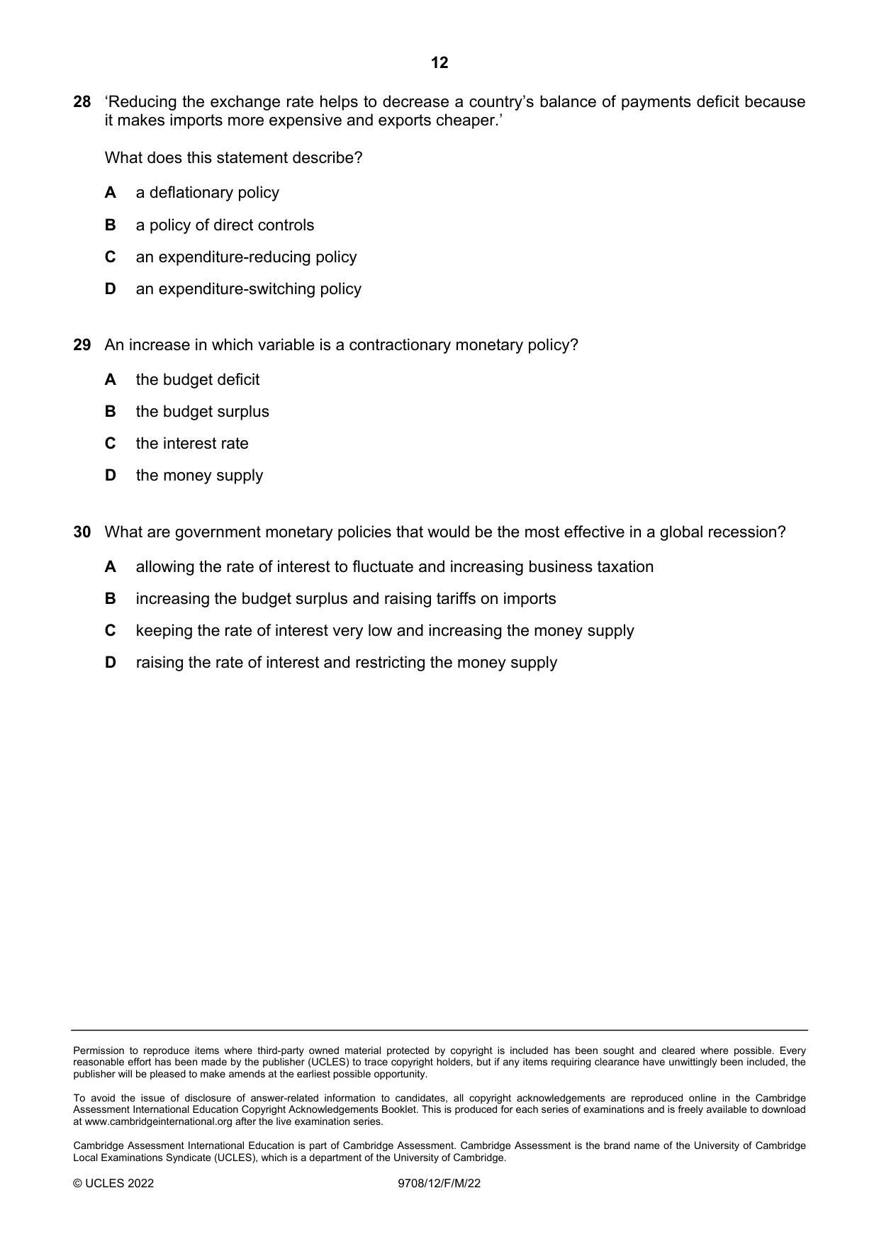 Cambridge A Level Economics 9708 2022 Feb/March Paper 1 · Variant 2 question paper, page 12 of 12
