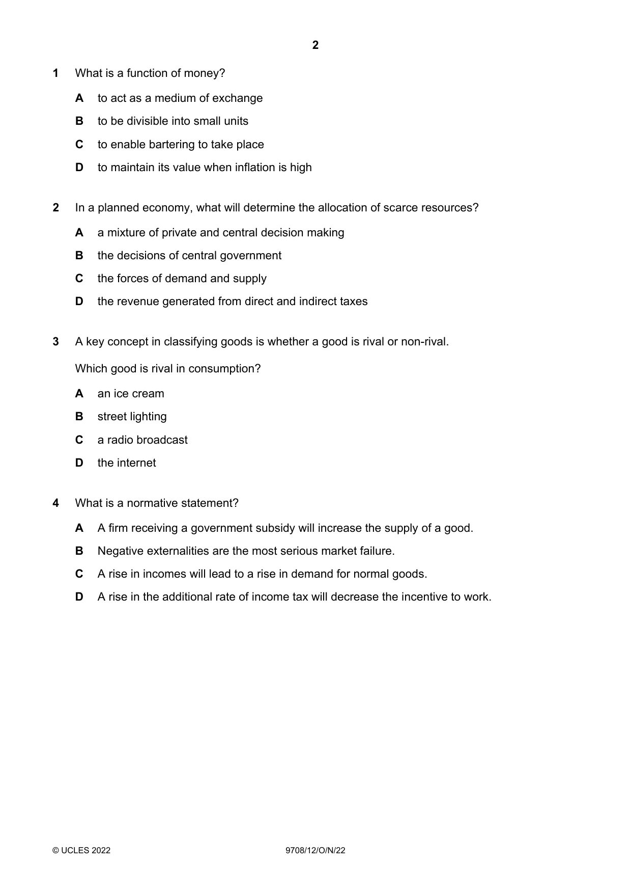 Cambridge A Level Economics 9708 2022 Oct/Nov Paper 1 · Variant 2 question paper, page 2 of 12