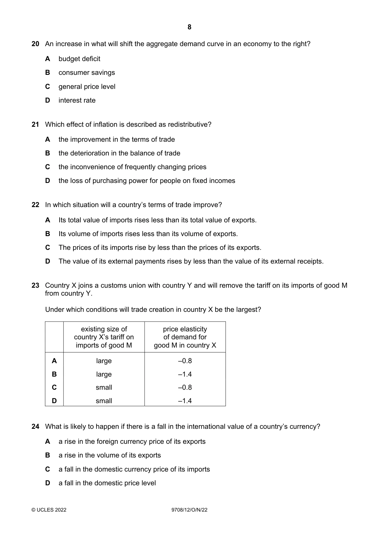 Cambridge A Level Economics 9708 2022 Oct/Nov Paper 1 · Variant 2 question paper, page 8 of 12
