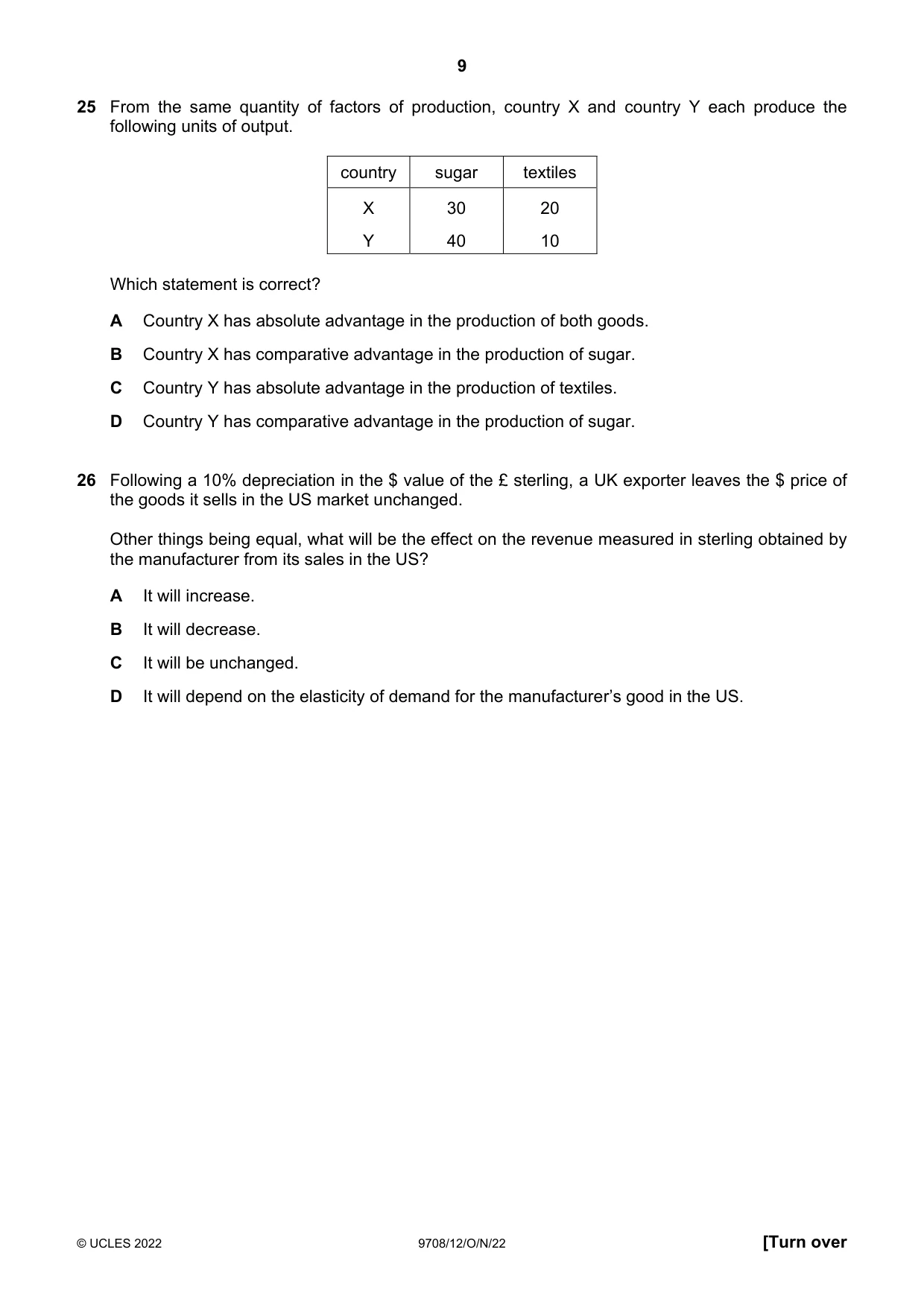 Cambridge A Level Economics 9708 2022 Oct/Nov Paper 1 · Variant 2 question paper, page 9 of 12