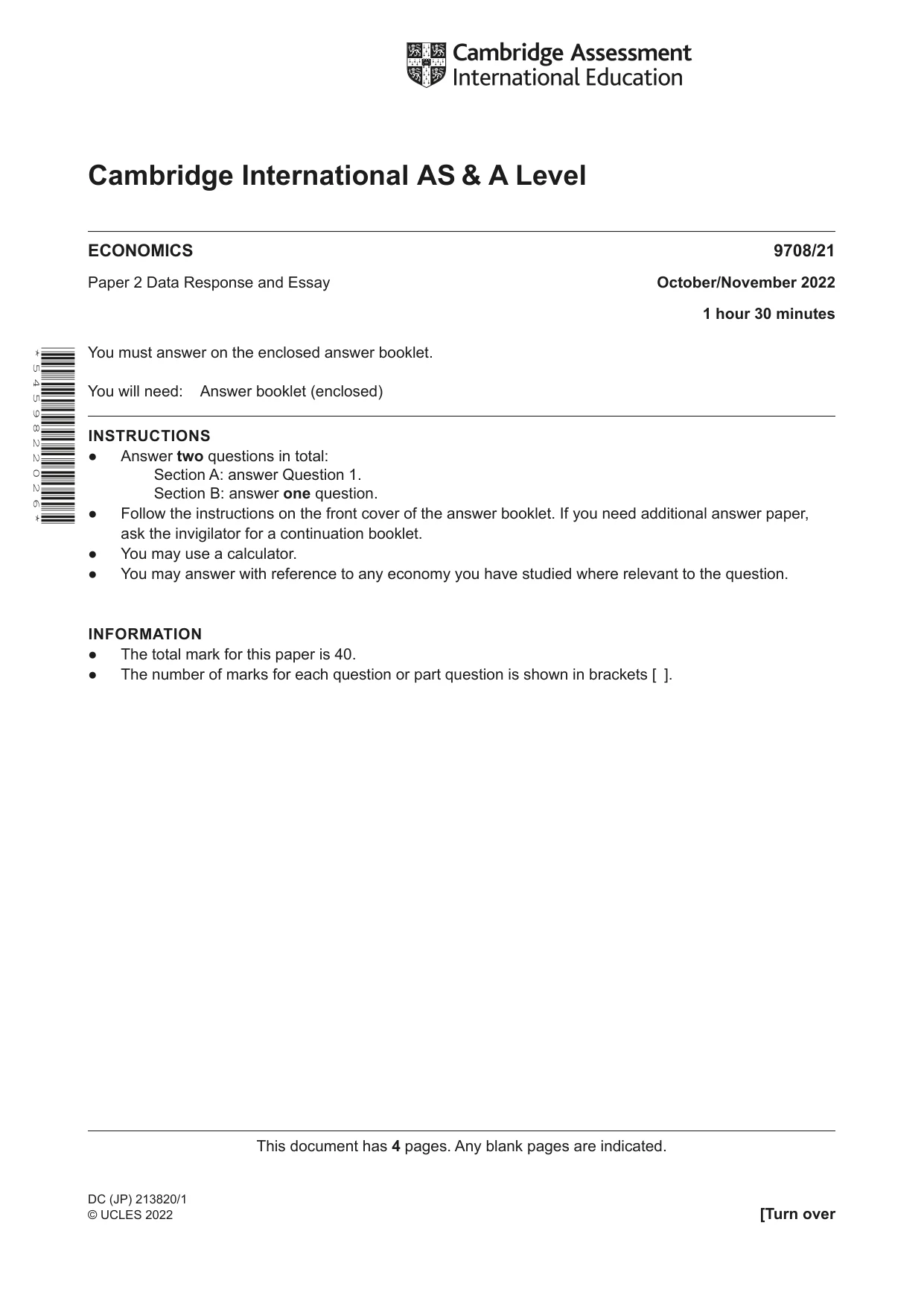 Cambridge A Level Economics 9708 2022 Oct/Nov Paper 2 · Variant 1 question paper, page 1 of 4