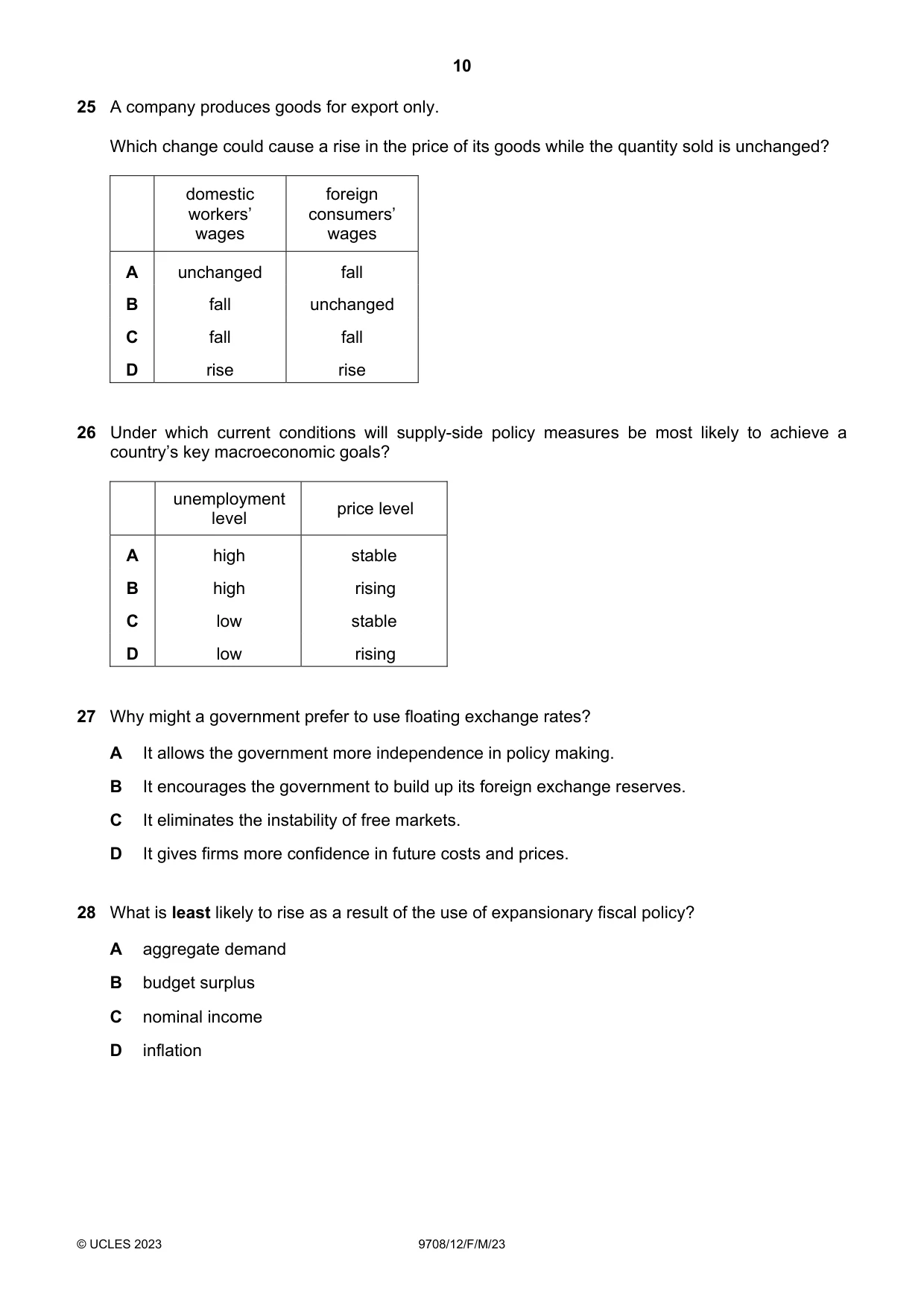 Cambridge A Level Economics 9708 2023 Feb/March Paper 1 · Variant 2 question paper, page 10 of 12