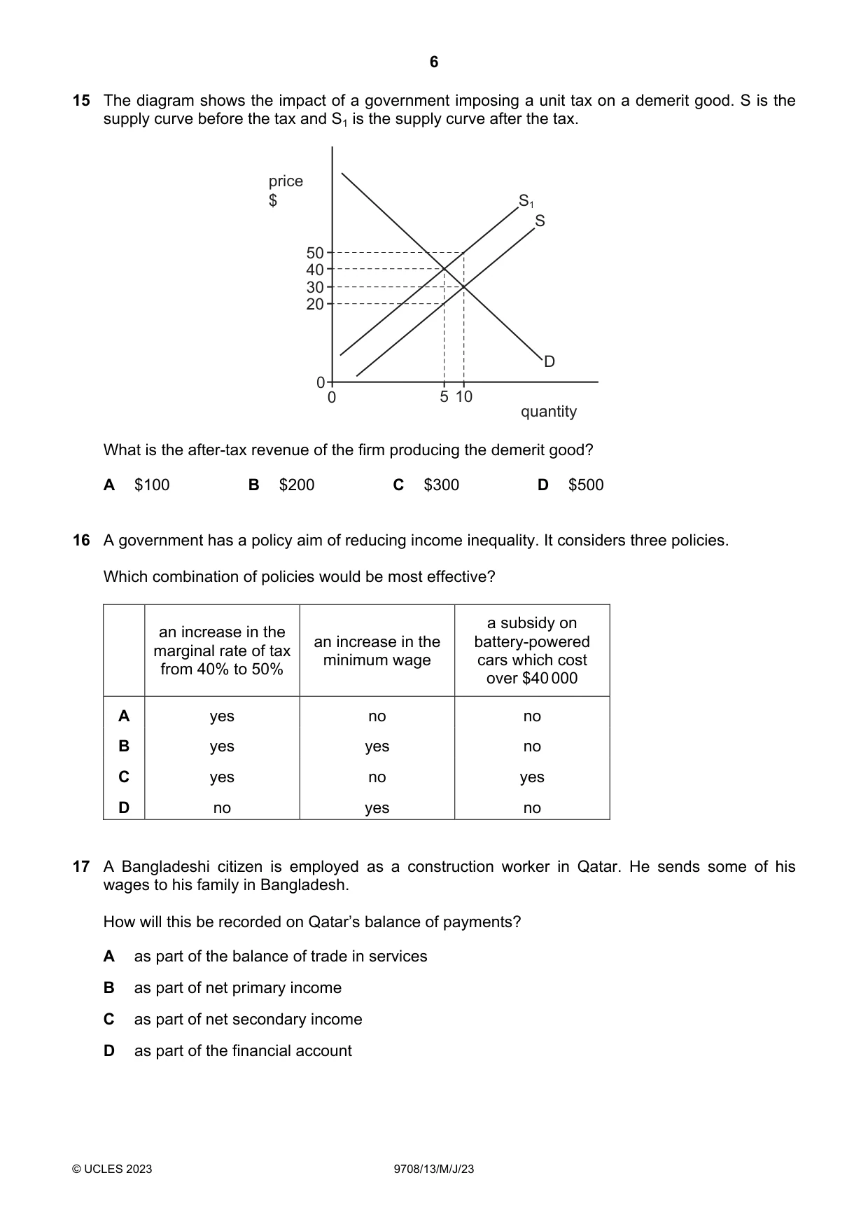 Cambridge A Level Economics 9708 2023 May/June Paper 1 · Variant 3 question paper, page 6 of 12