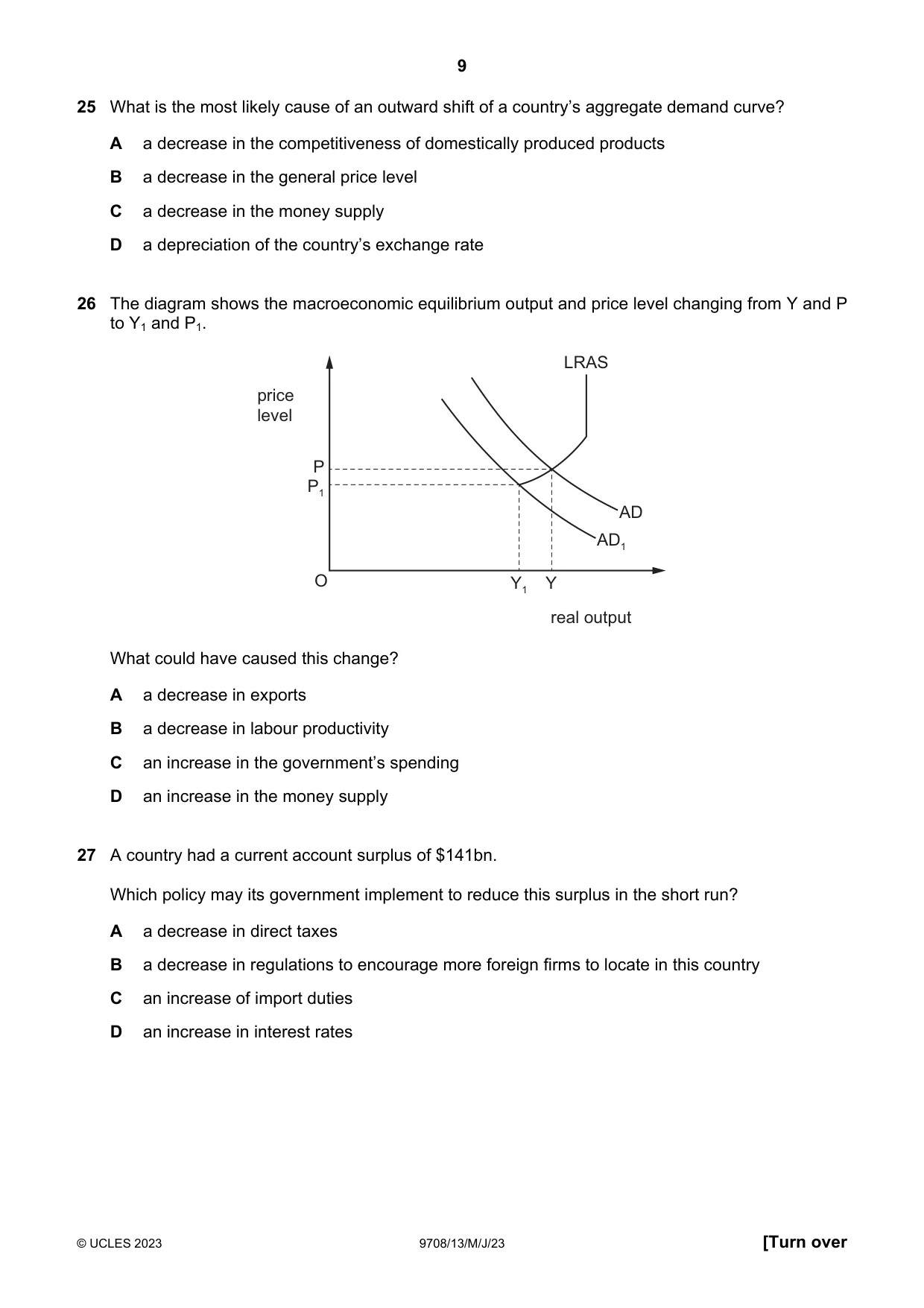 Cambridge A Level Economics 9708 2023 May/June Paper 1 · Variant 3 question paper, page 9 of 12