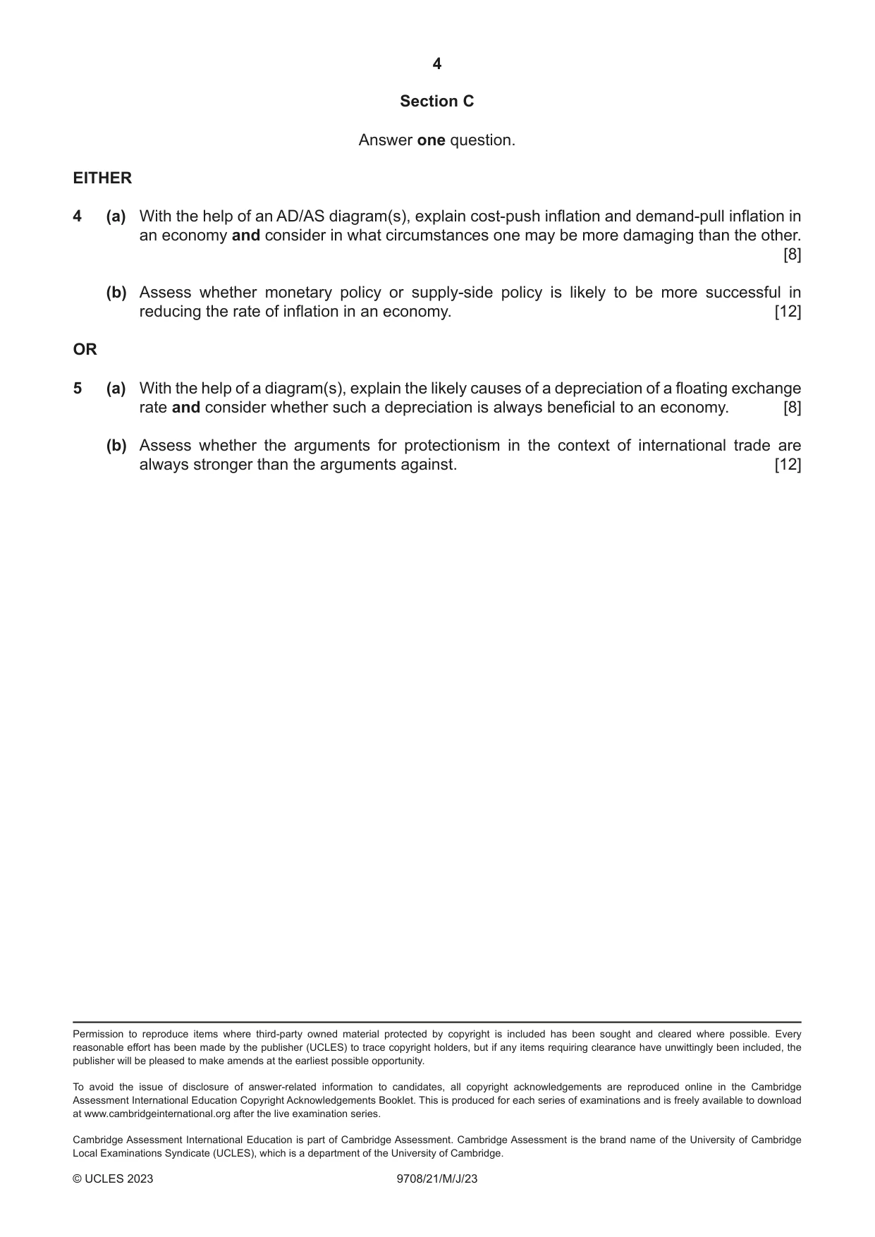 Cambridge A Level Economics 9708 2023 May/June Paper 2 · Variant 1 question paper, page 4 of 4