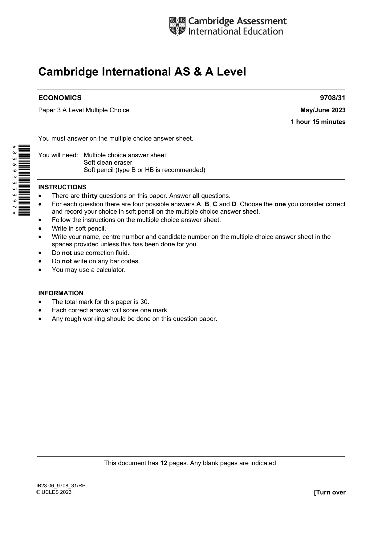 Cambridge A Level Economics 9708 2023 May/June Paper 3 · Variant 1 question paper, page 1 of 12