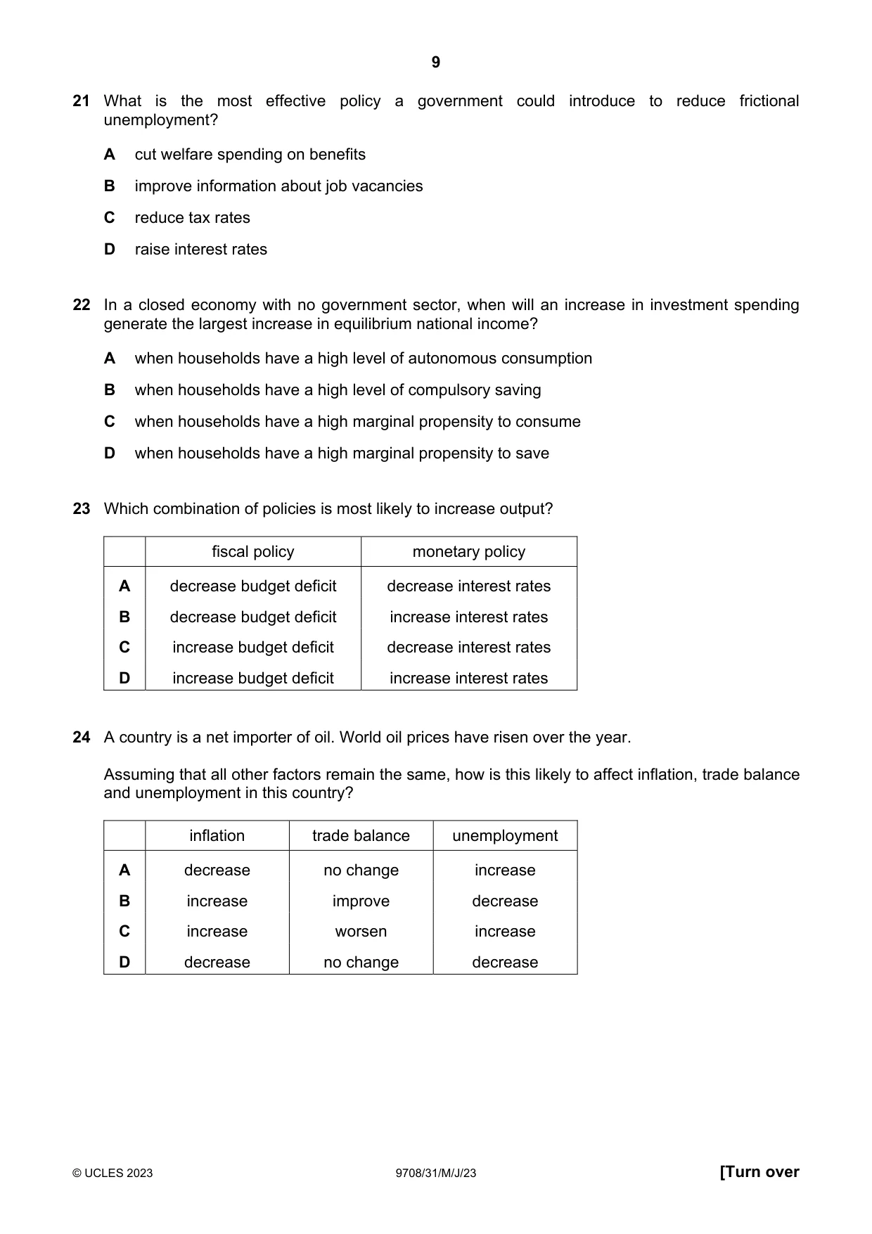 Cambridge A Level Economics 9708 2023 May/June Paper 3 · Variant 1 question paper, page 9 of 12