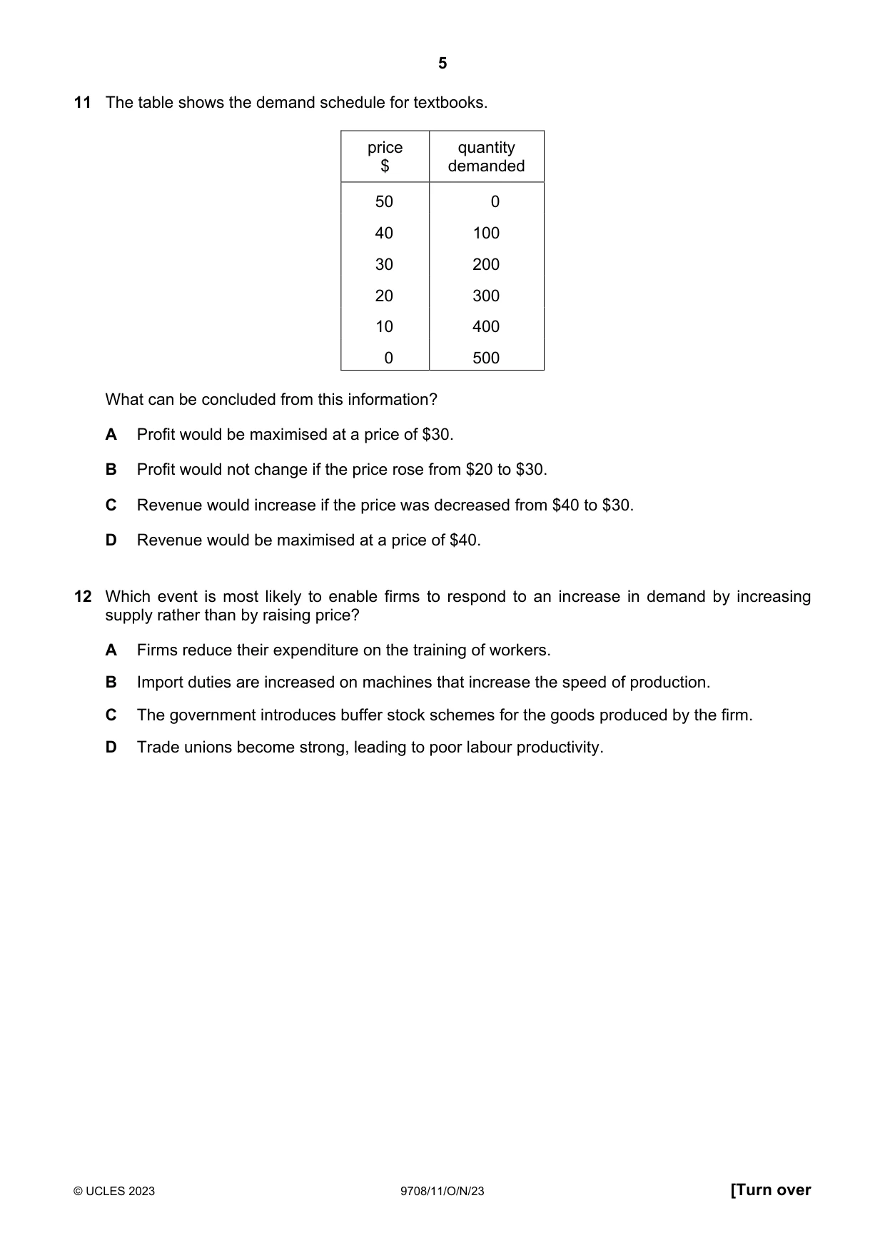 Cambridge A Level Economics 9708 2023 Oct/Nov Paper 1 · Variant 1 question paper, page 5 of 12