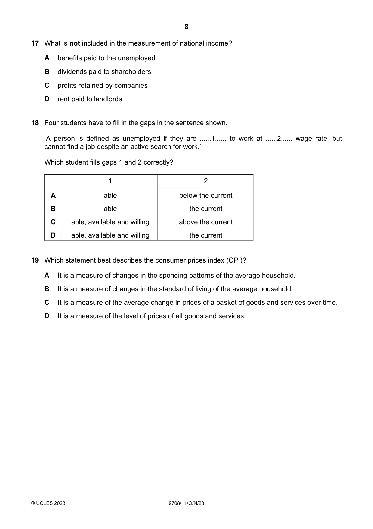 Cambridge A Level Economics 9708 2023 Oct/Nov Paper 1 · Variant 1 question paper, page 8 of 12