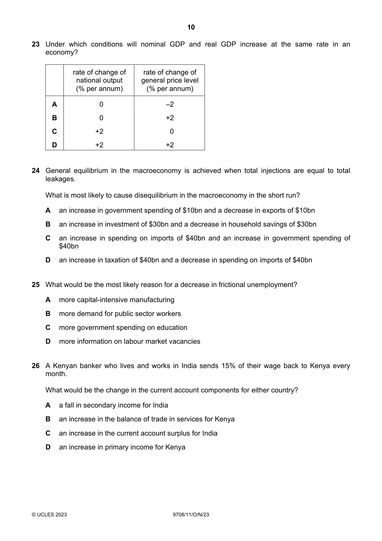 Cambridge A Level Economics 9708 2023 Oct/Nov Paper 1 · Variant 1 question paper, page 10 of 12