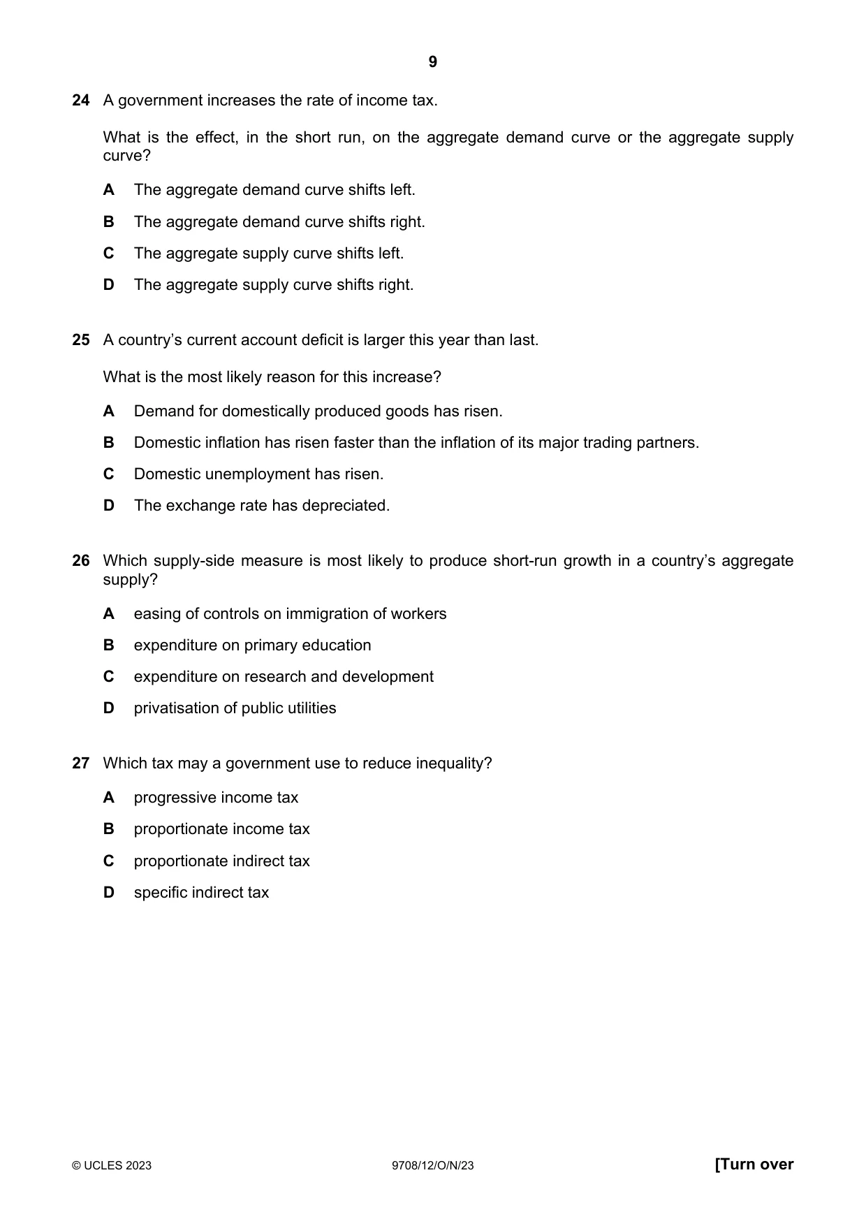 Cambridge A Level Economics 9708 2023 Oct/Nov Paper 1 · Variant 2 question paper, page 9 of 12