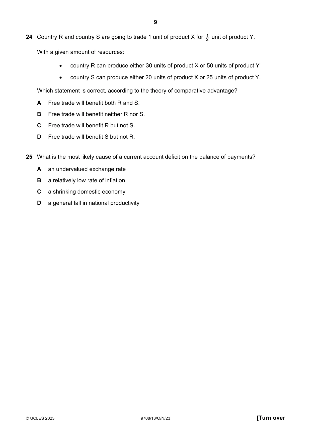 Cambridge A Level Economics 9708 2023 Oct/Nov Paper 1 · Variant 3 question paper, page 9 of 12