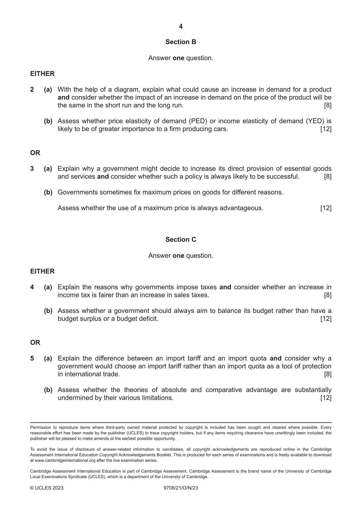 Cambridge A Level Economics 9708 2023 Oct/Nov Paper 2 · Variant 1 question paper, page 4 of 4