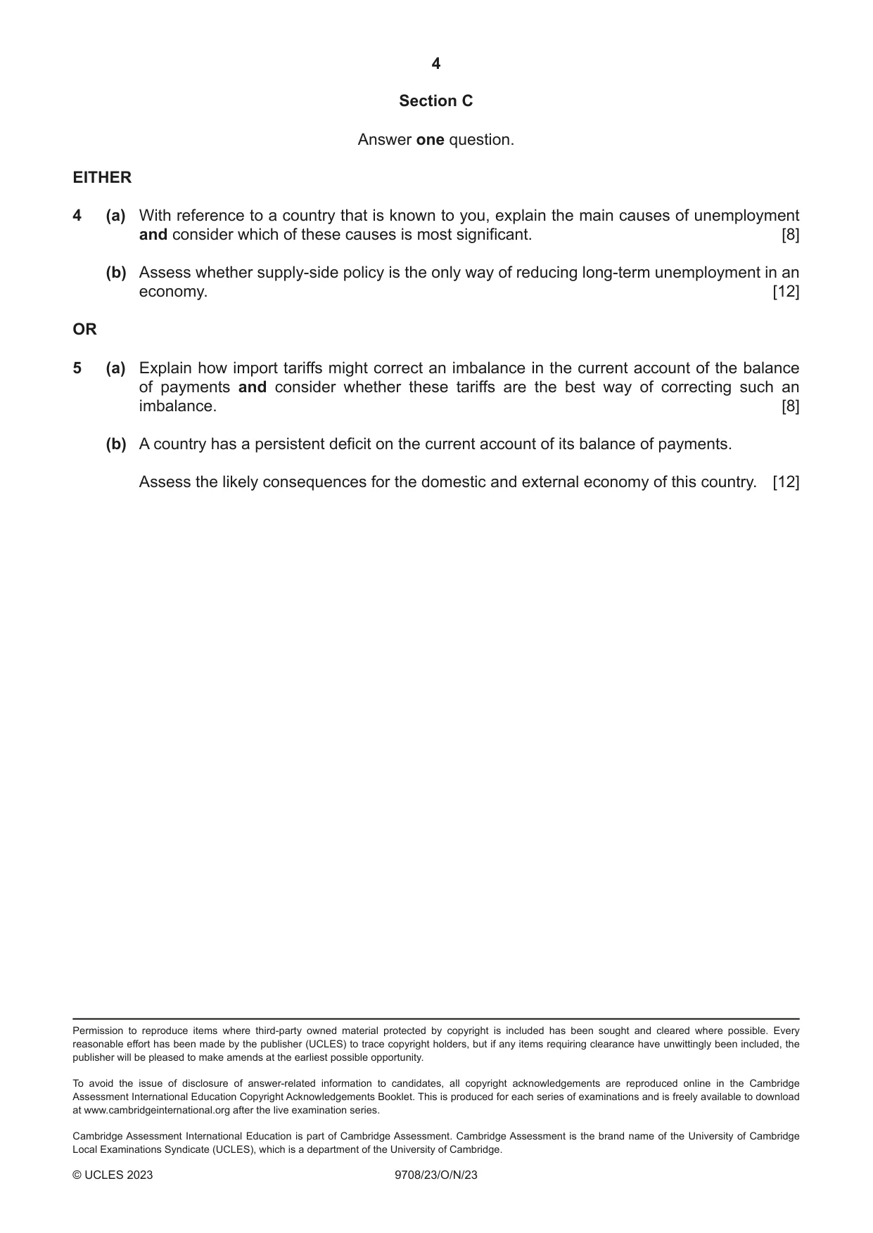 Cambridge A Level Economics 9708 2023 Oct/Nov Paper 2 · Variant 3 question paper, page 4 of 4