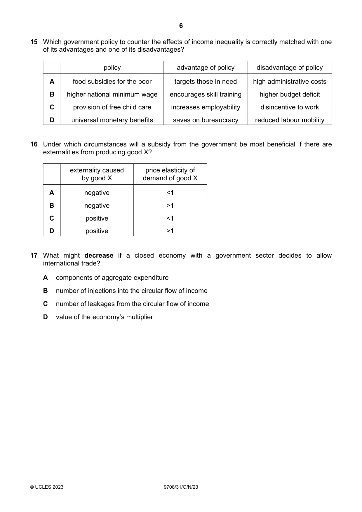 Cambridge A Level Economics 9708 2023 Oct/Nov Paper 3 · Variant 1 question paper, page 6 of 12
