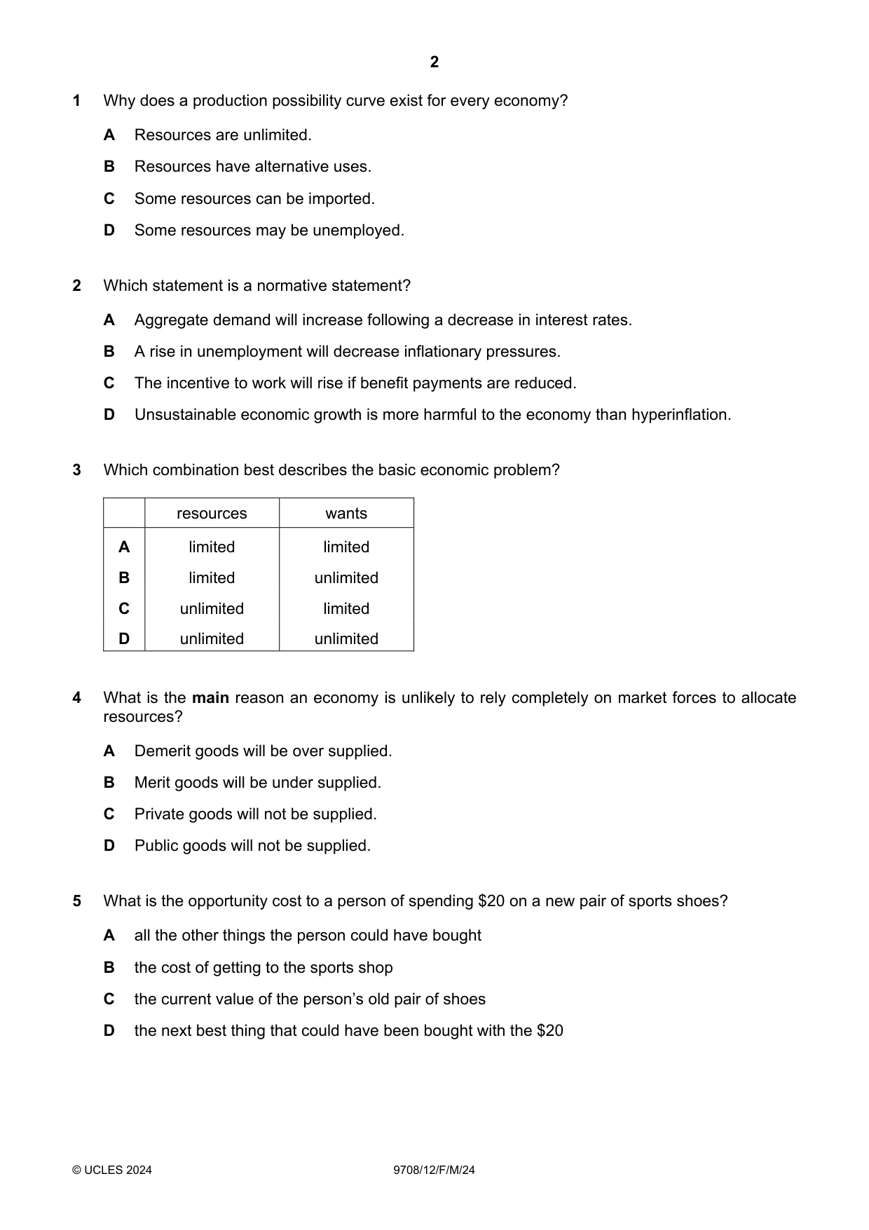 Cambridge A Level Economics 9708 2024 Feb/March Paper 1 · Variant 2 question paper, page 2 of 12