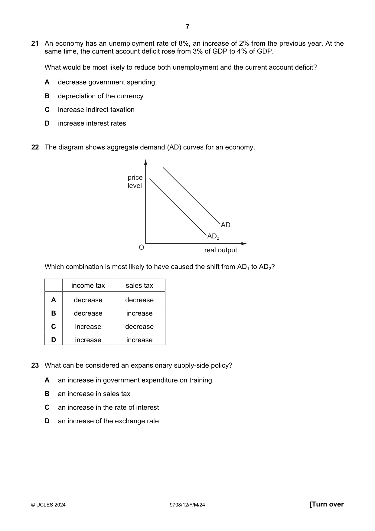 Cambridge A Level Economics 9708 2024 Feb/March Paper 1 · Variant 2 question paper, page 7 of 12