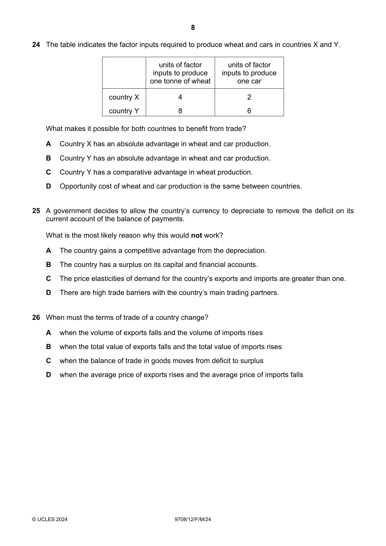 Cambridge A Level Economics 9708 2024 Feb/March Paper 1 · Variant 2 question paper, page 8 of 12