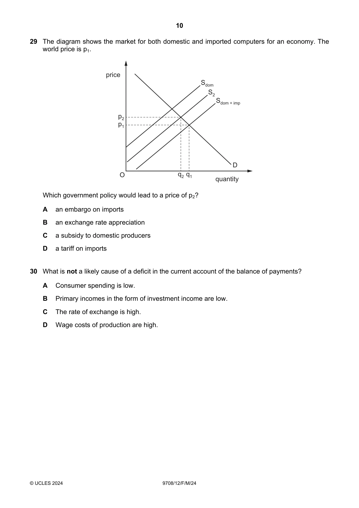 Cambridge A Level Economics 9708 2024 Feb/March Paper 1 · Variant 2 question paper, page 10 of 12