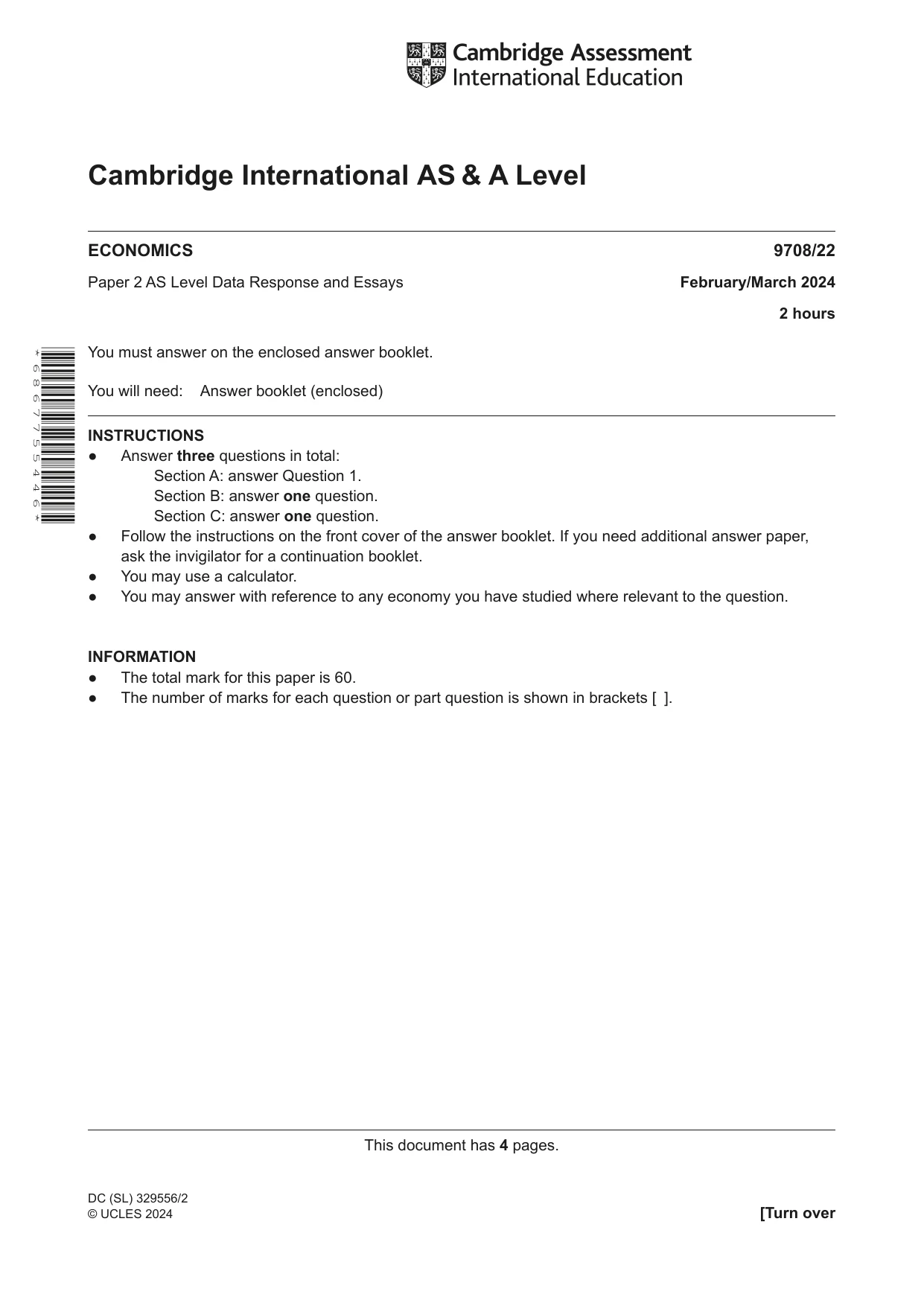 Cambridge A Level Economics 9708 2024 Feb/March Paper 2 · Variant 2 question paper, page 1 of 4