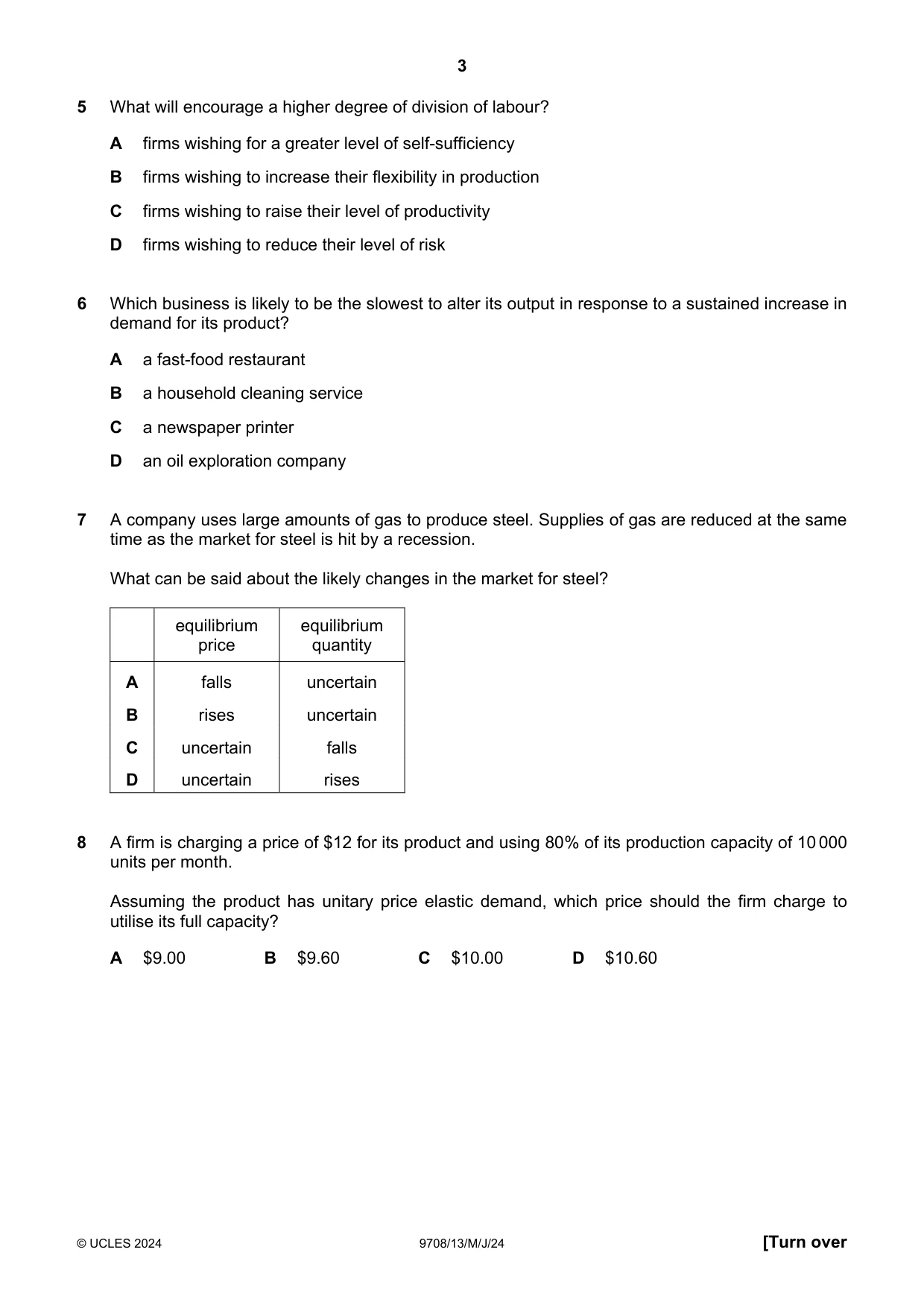 Cambridge A Level Economics 9708 2024 May/June Paper 1 · Variant 3 question paper, page 3 of 12