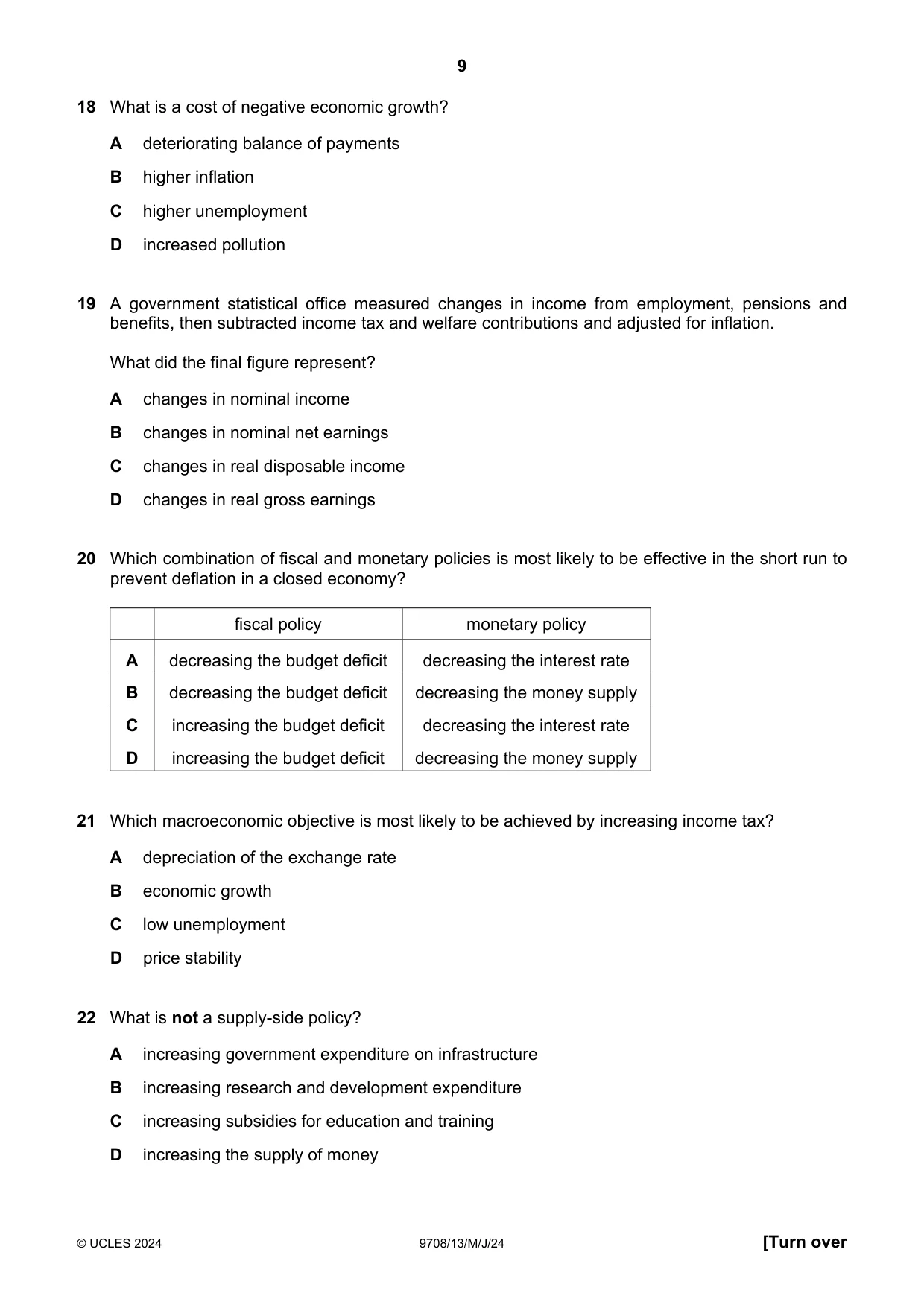 Cambridge A Level Economics 9708 2024 May/June Paper 1 · Variant 3 question paper, page 9 of 12