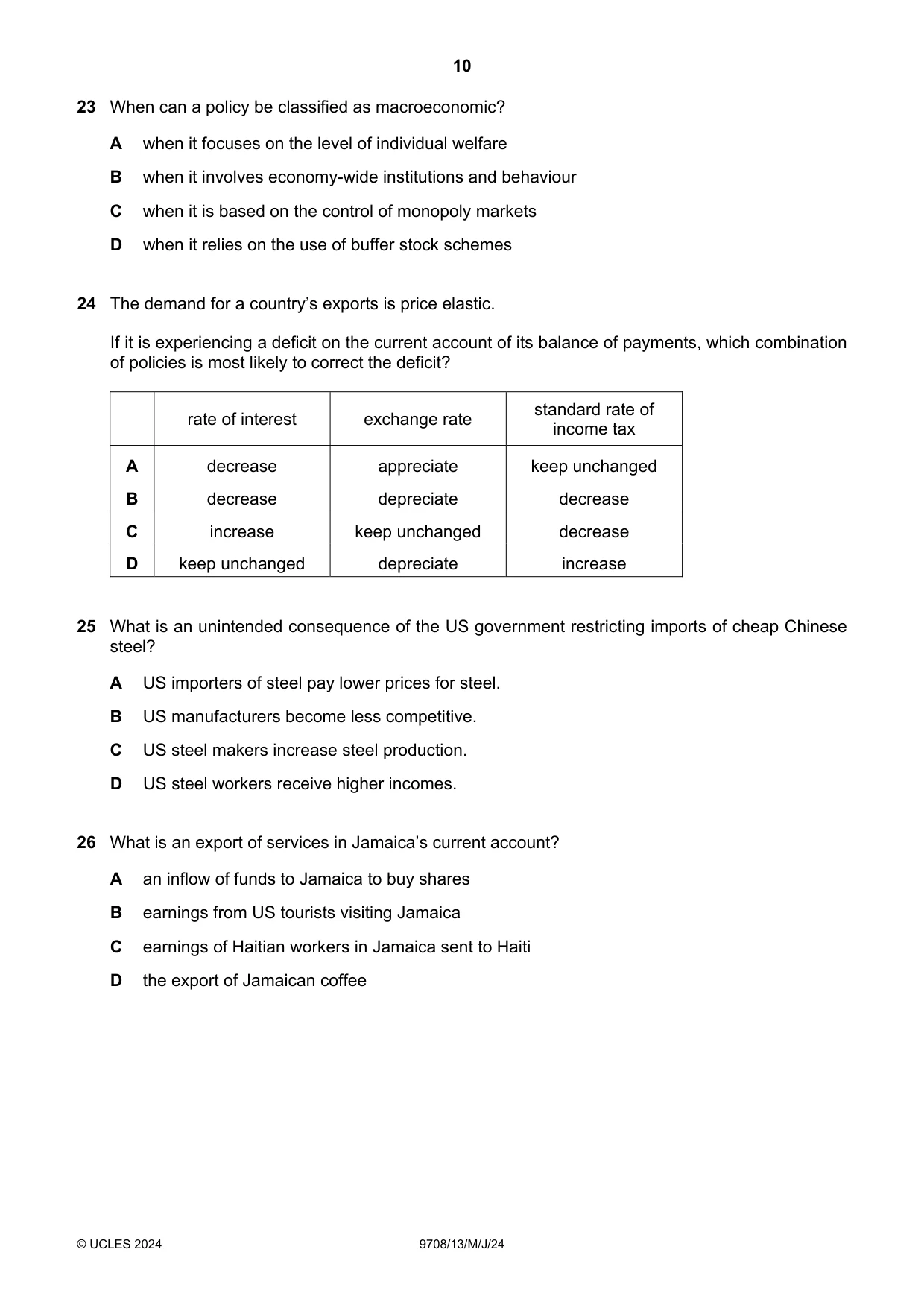 Cambridge A Level Economics 9708 2024 May/June Paper 1 · Variant 3 question paper, page 10 of 12