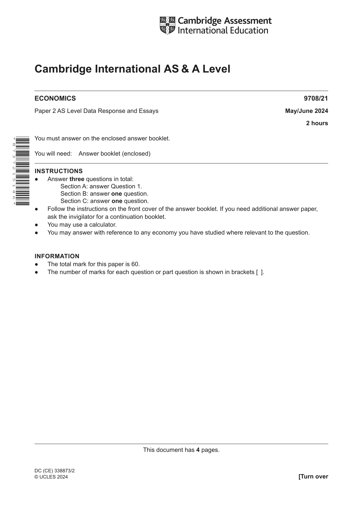 Cambridge A Level Economics 9708 2024 May/June Paper 2 · Variant 1 question paper, page 1 of 4