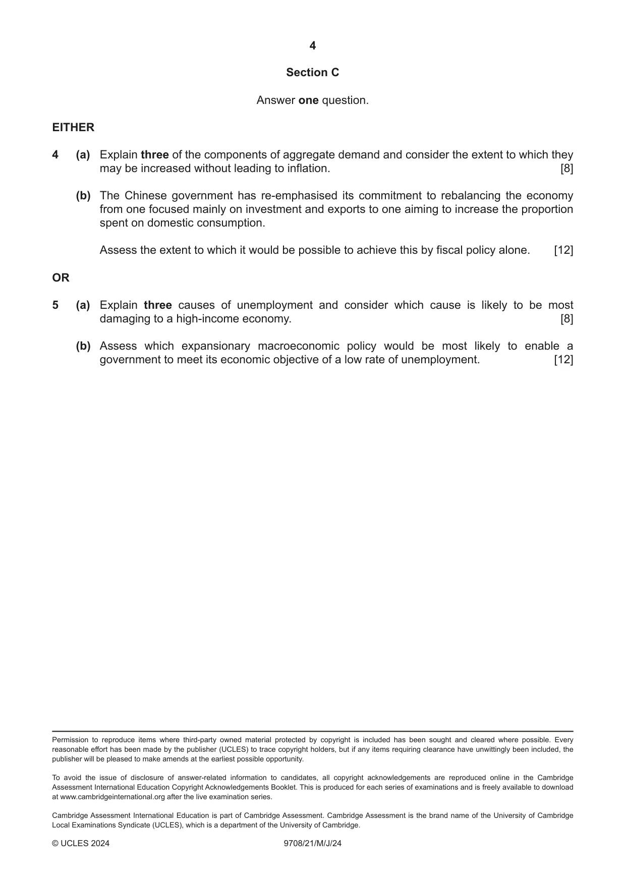 Cambridge A Level Economics 9708 2024 May/June Paper 2 · Variant 1 question paper, page 4 of 4
