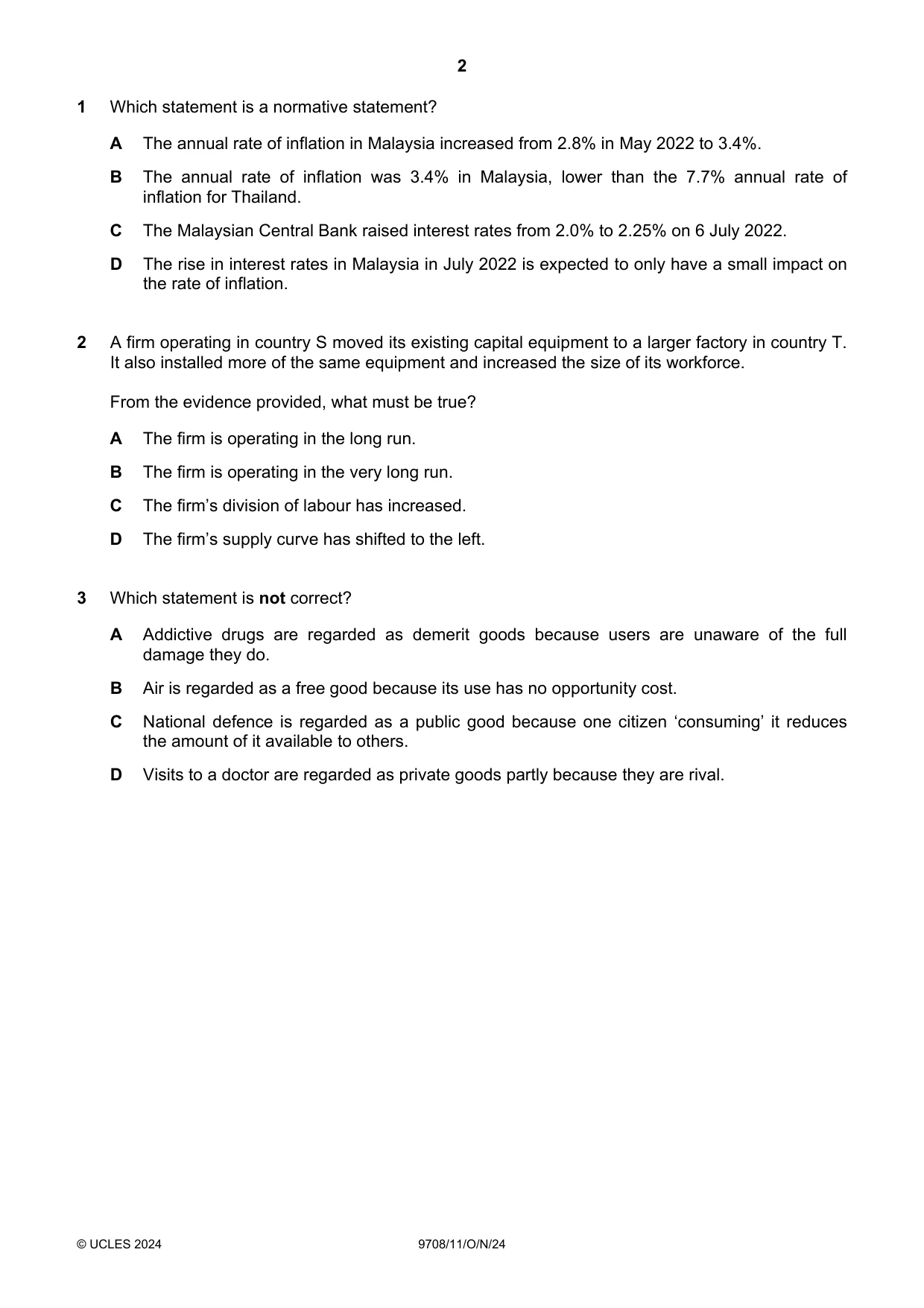 Cambridge A Level Economics 9708 2024 Oct/Nov Paper 1 · Variant 1 question paper, page 2 of 12