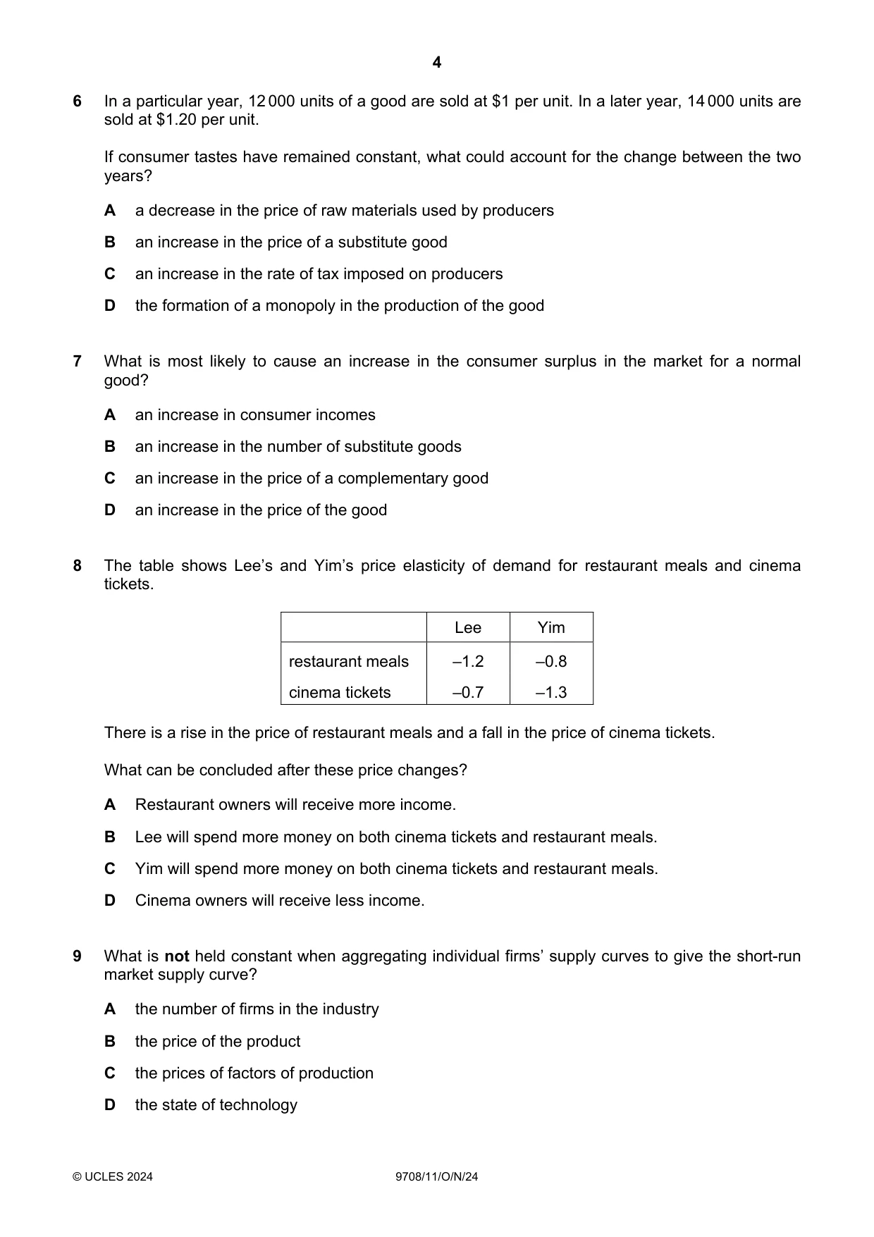Cambridge A Level Economics 9708 2024 Oct/Nov Paper 1 · Variant 1 question paper, page 4 of 12