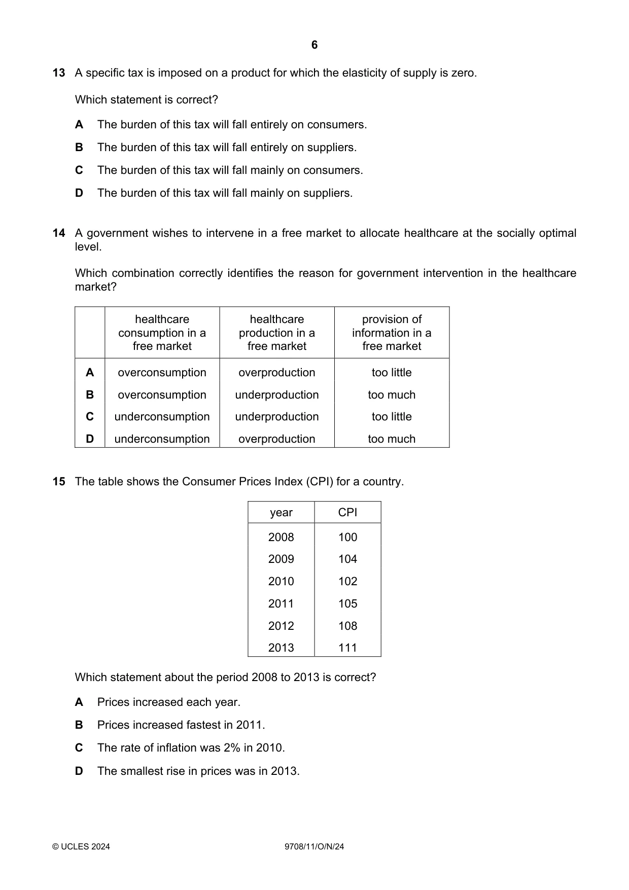 Cambridge A Level Economics 9708 2024 Oct/Nov Paper 1 · Variant 1 question paper, page 6 of 12
