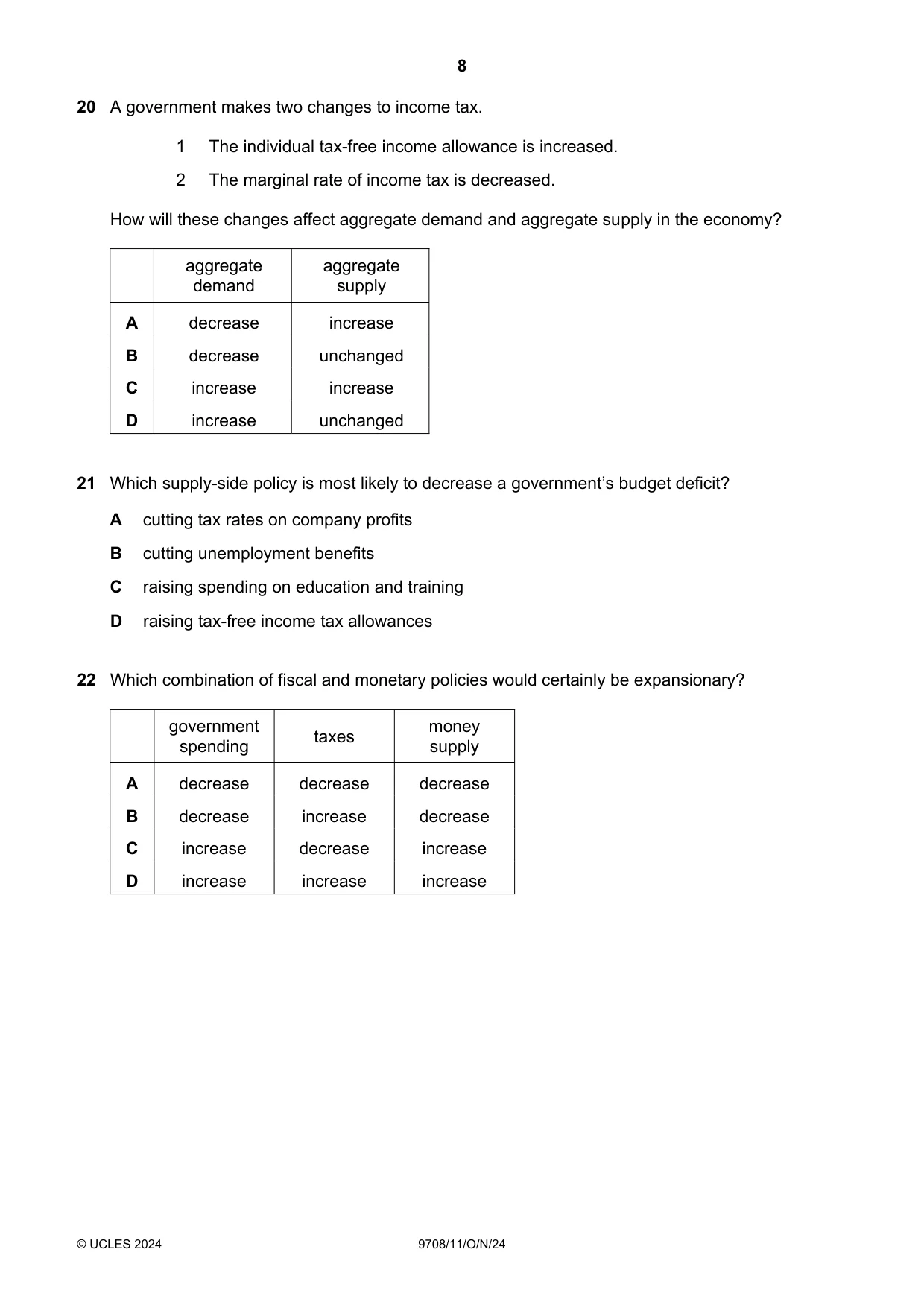 Cambridge A Level Economics 9708 2024 Oct/Nov Paper 1 · Variant 1 question paper, page 8 of 12