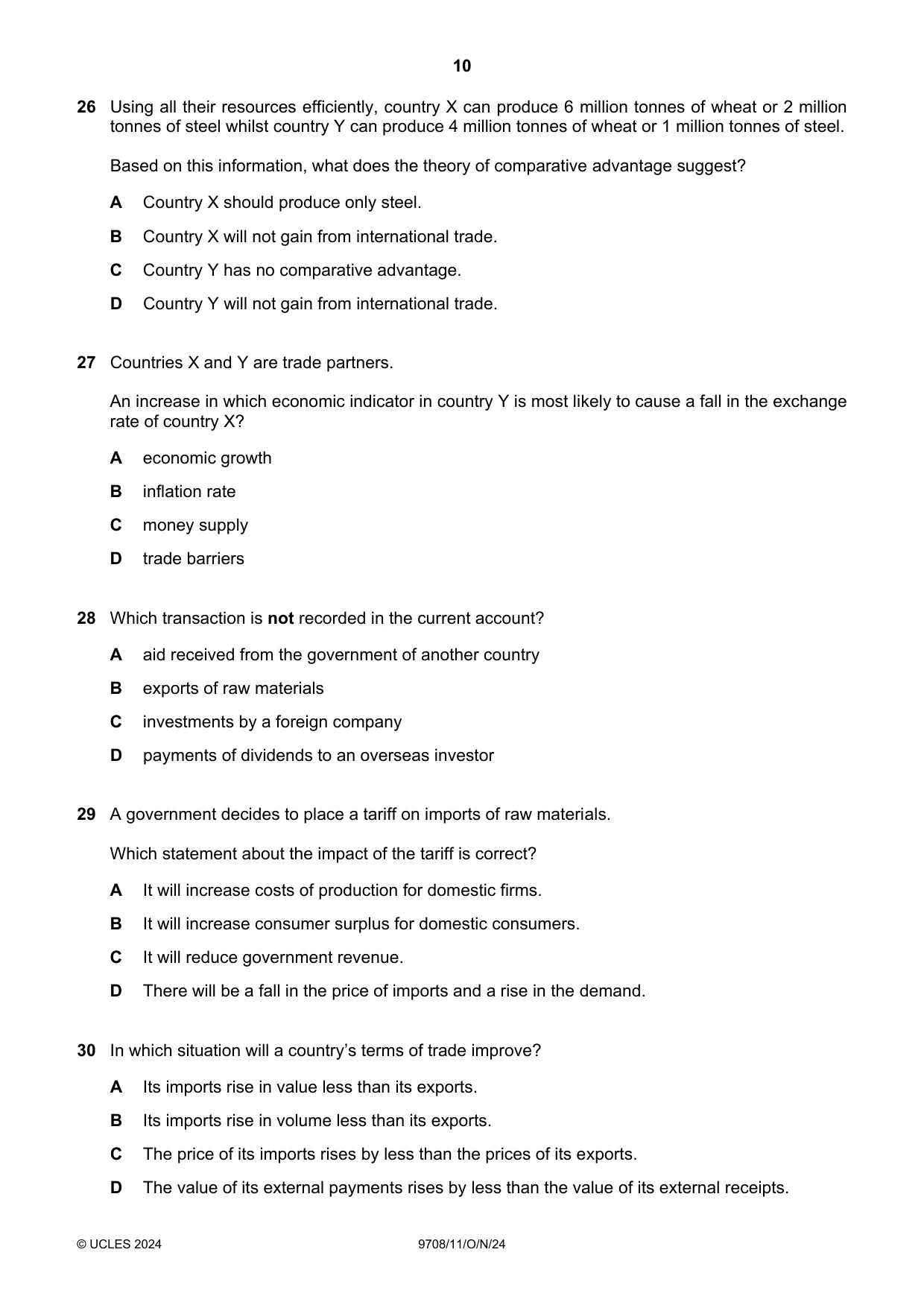 Cambridge A Level Economics 9708 2024 Oct/Nov Paper 1 · Variant 1 question paper, page 10 of 12