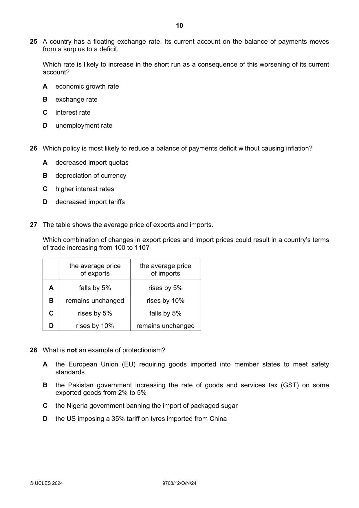 Cambridge A Level Economics 9708 2024 Oct/Nov Paper 1 · Variant 2 question paper, page 10 of 12