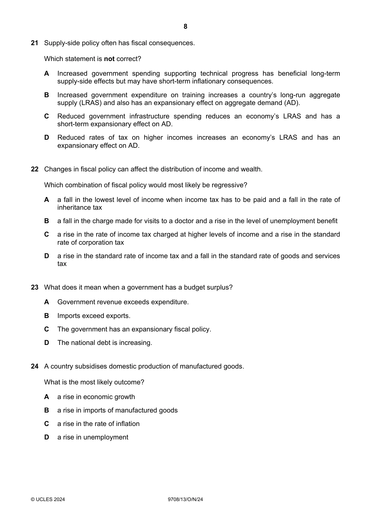 Cambridge A Level Economics 9708 2024 Oct/Nov Paper 1 · Variant 3 question paper, page 8 of 12