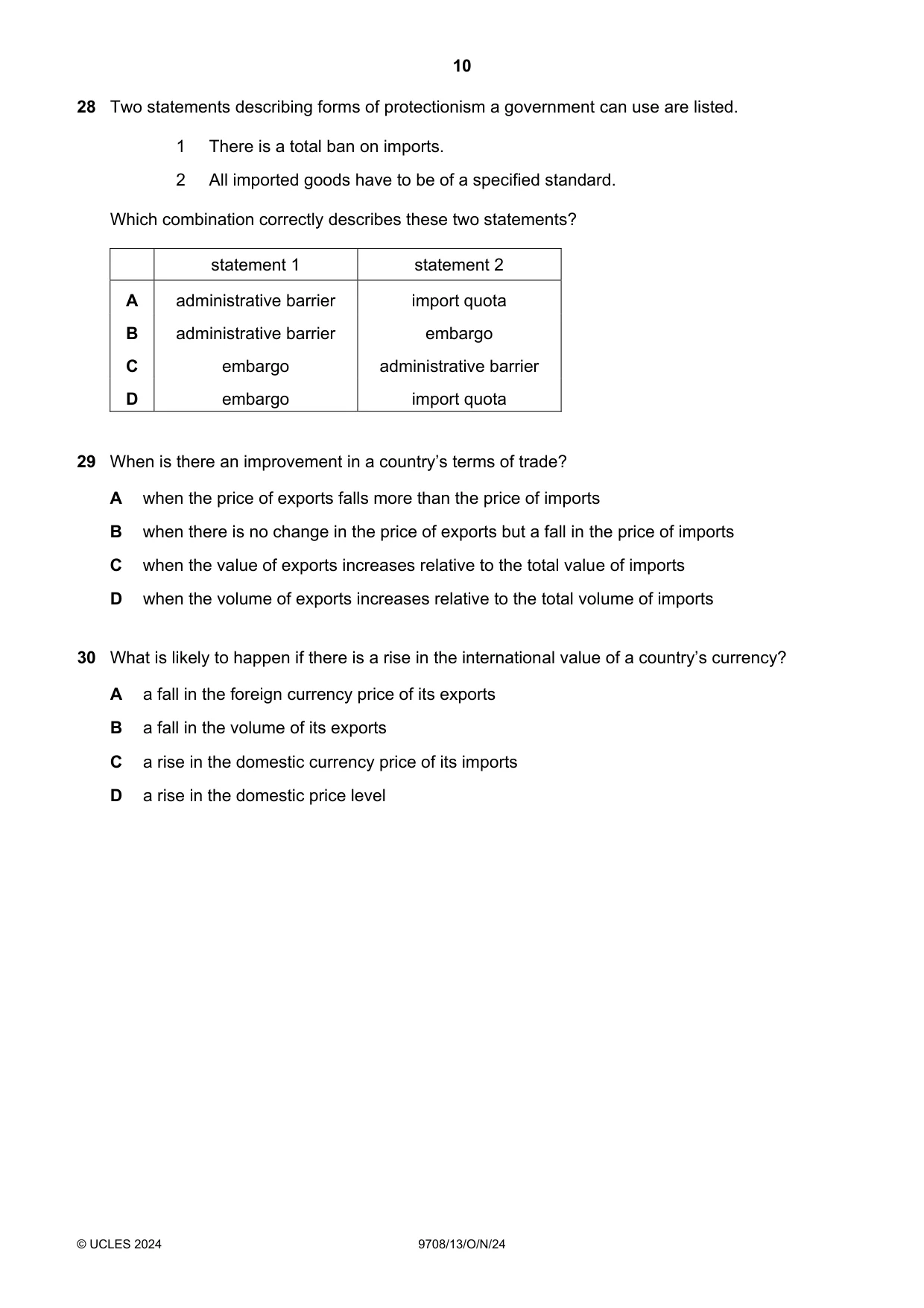 Cambridge A Level Economics 9708 2024 Oct/Nov Paper 1 · Variant 3 question paper, page 10 of 12